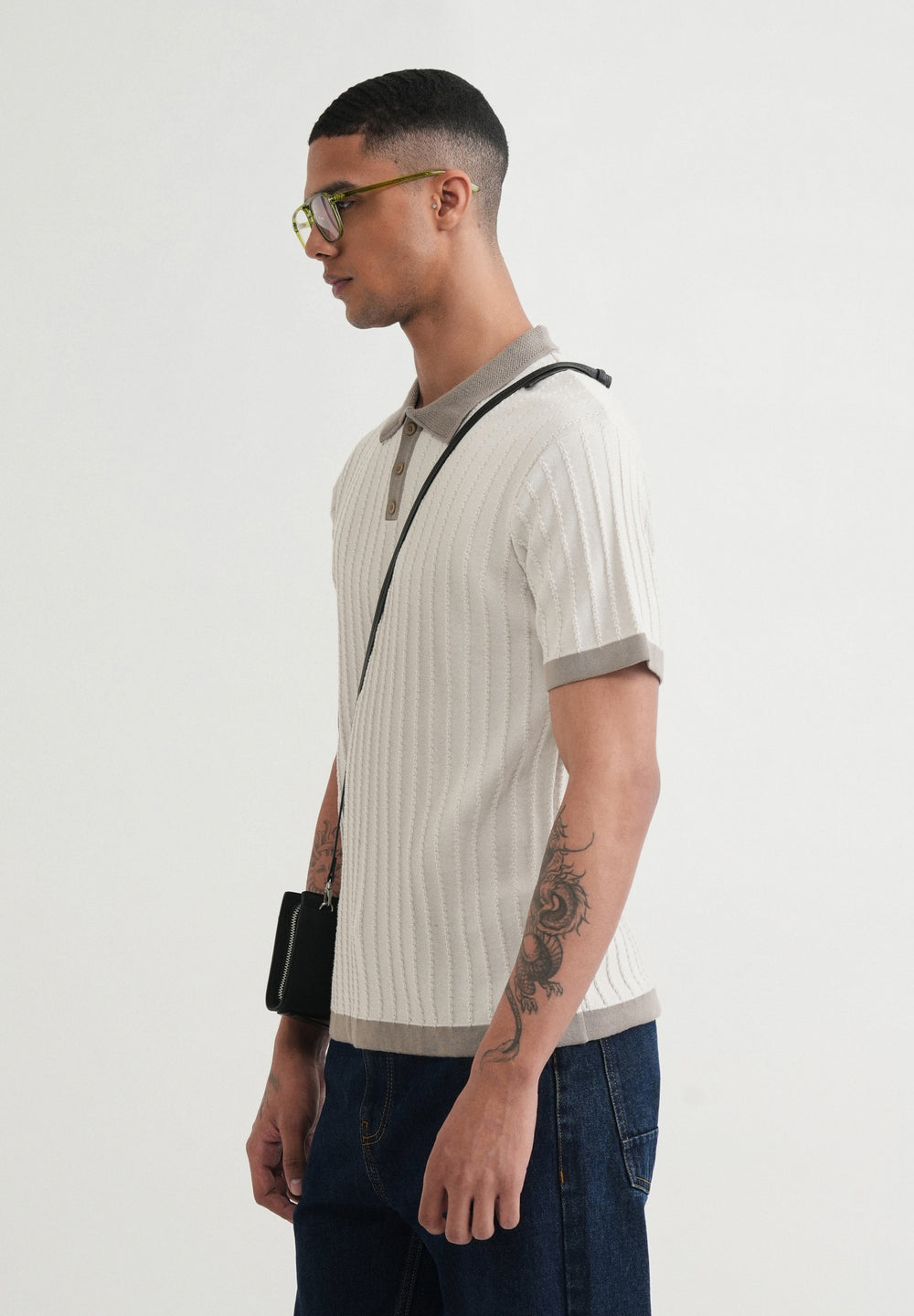 Cream Textured Knitted Polo