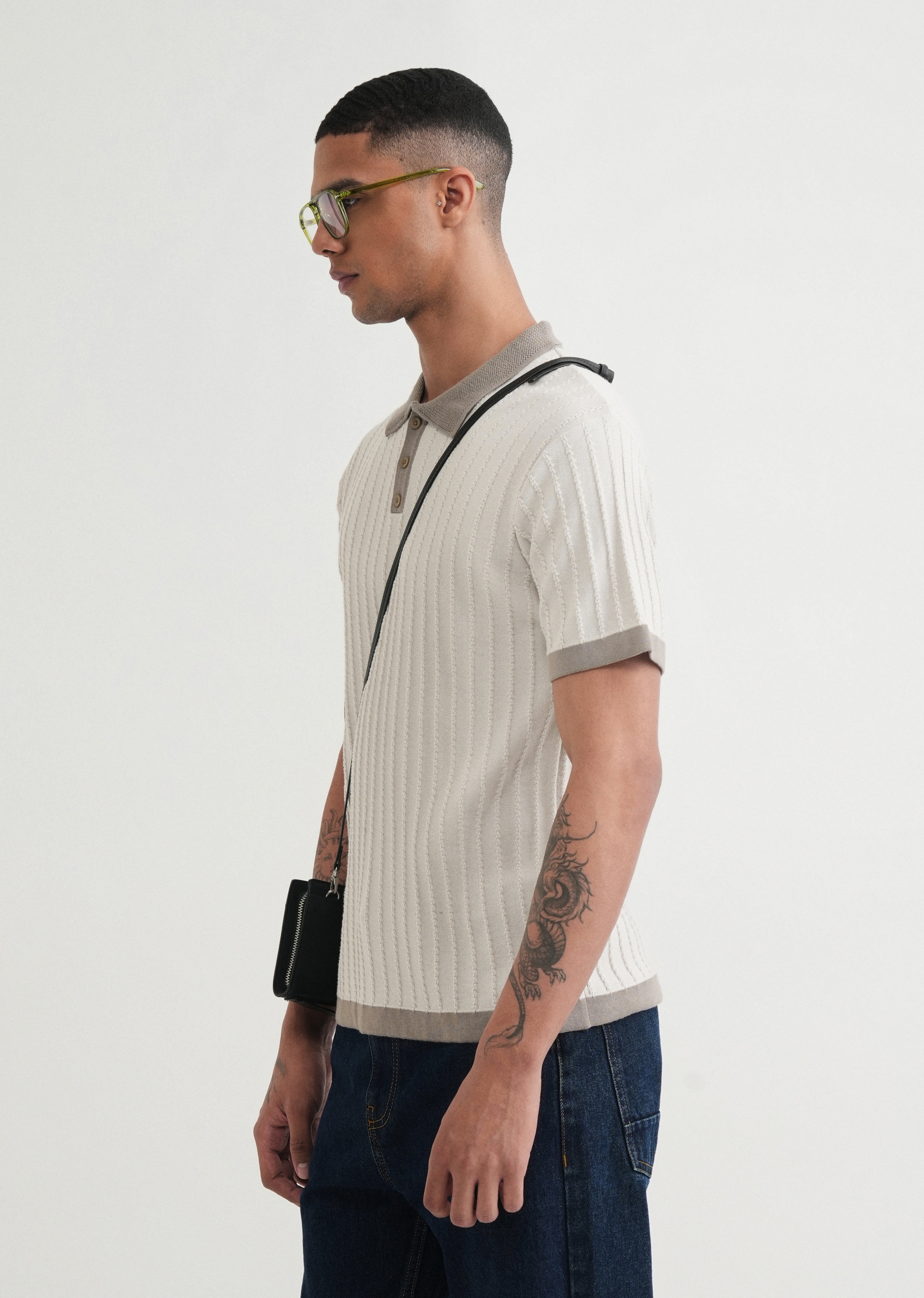 Cream Textured Knitted Polo