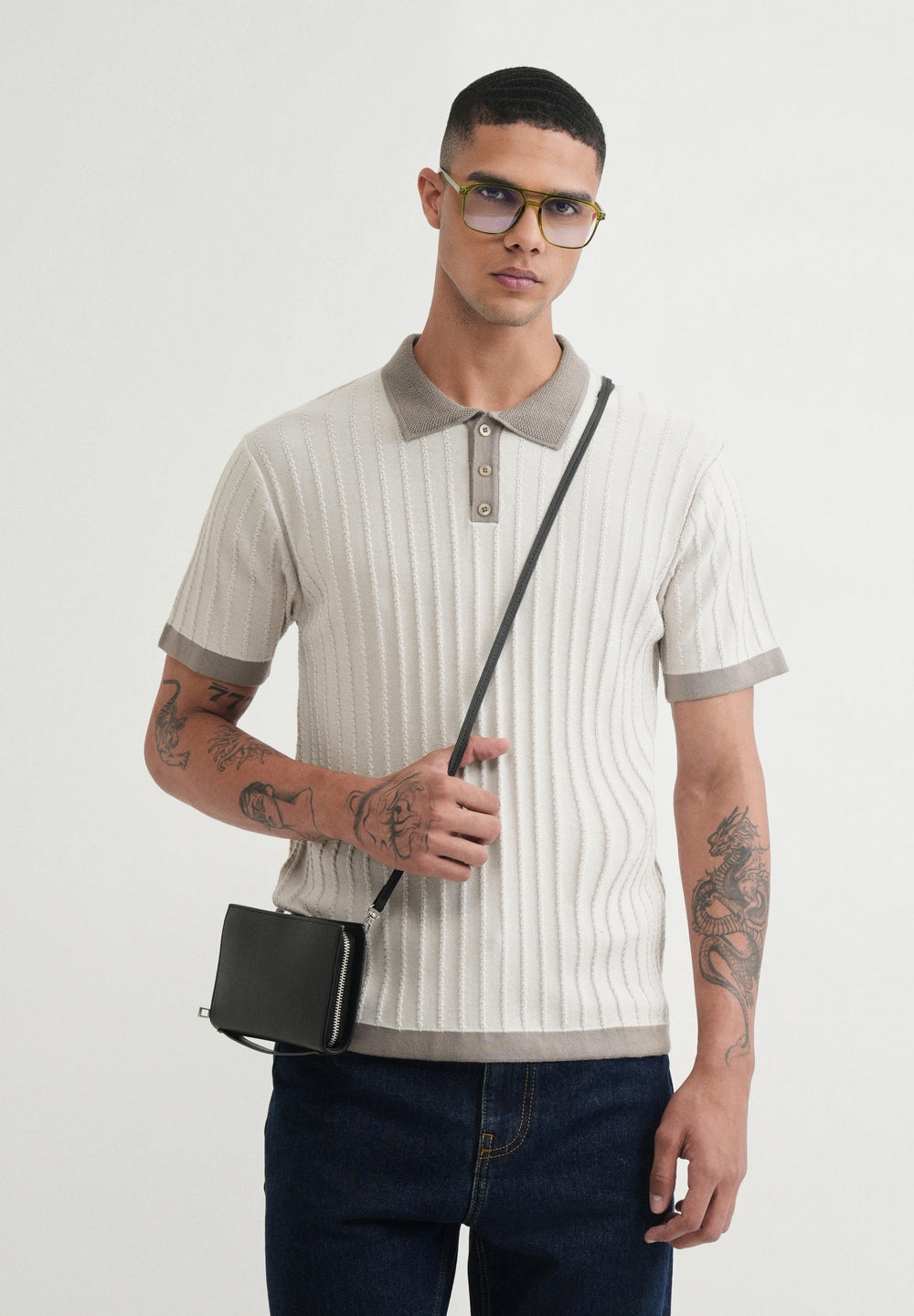 Cream Textured Knitted Polo