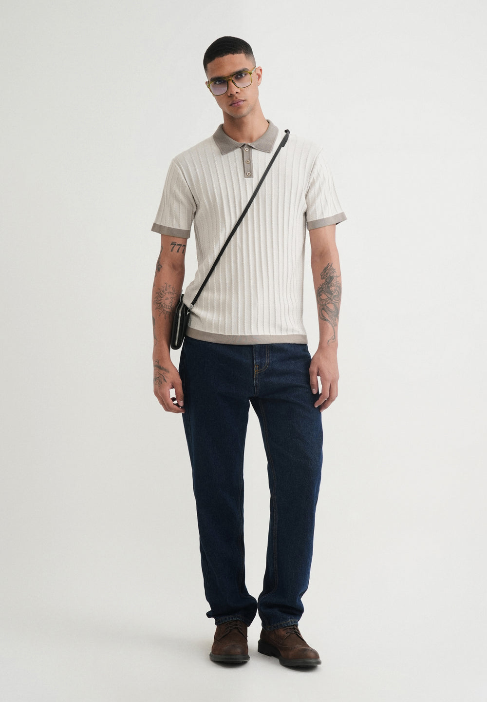Cream Textured Knitted Polo