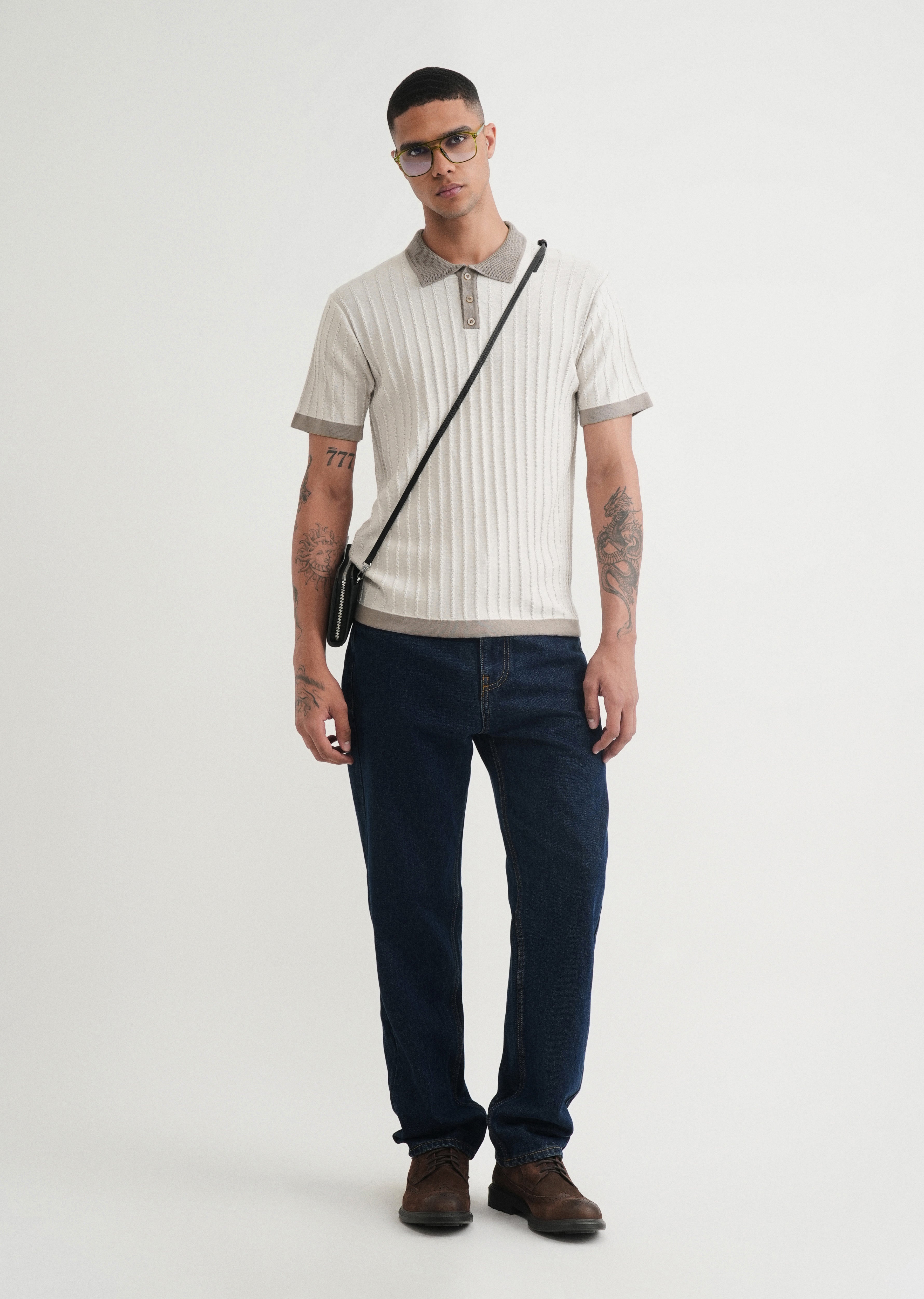 Cream Textured Knitted Polo