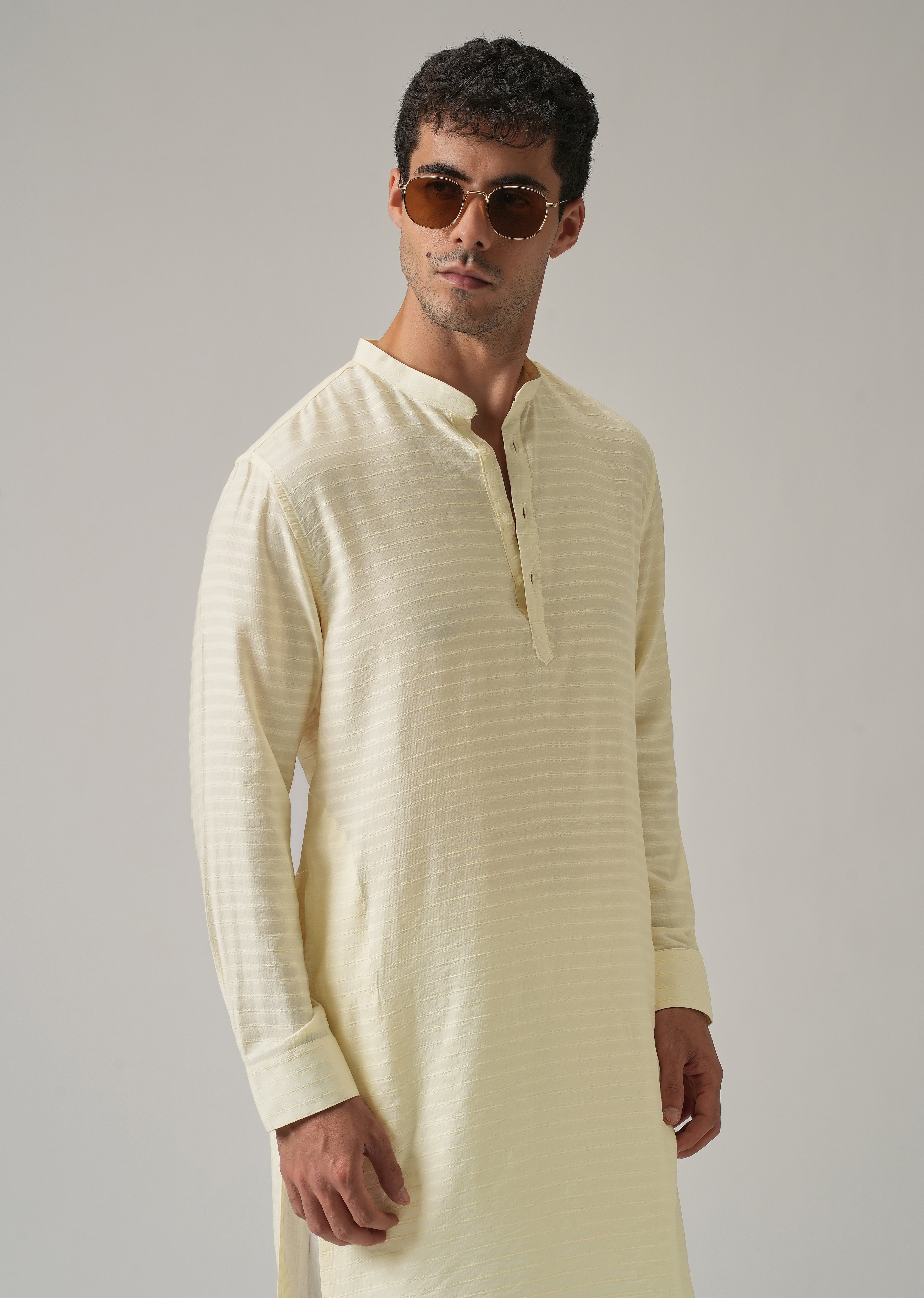 Cream Nylon Self Stripe Kurta