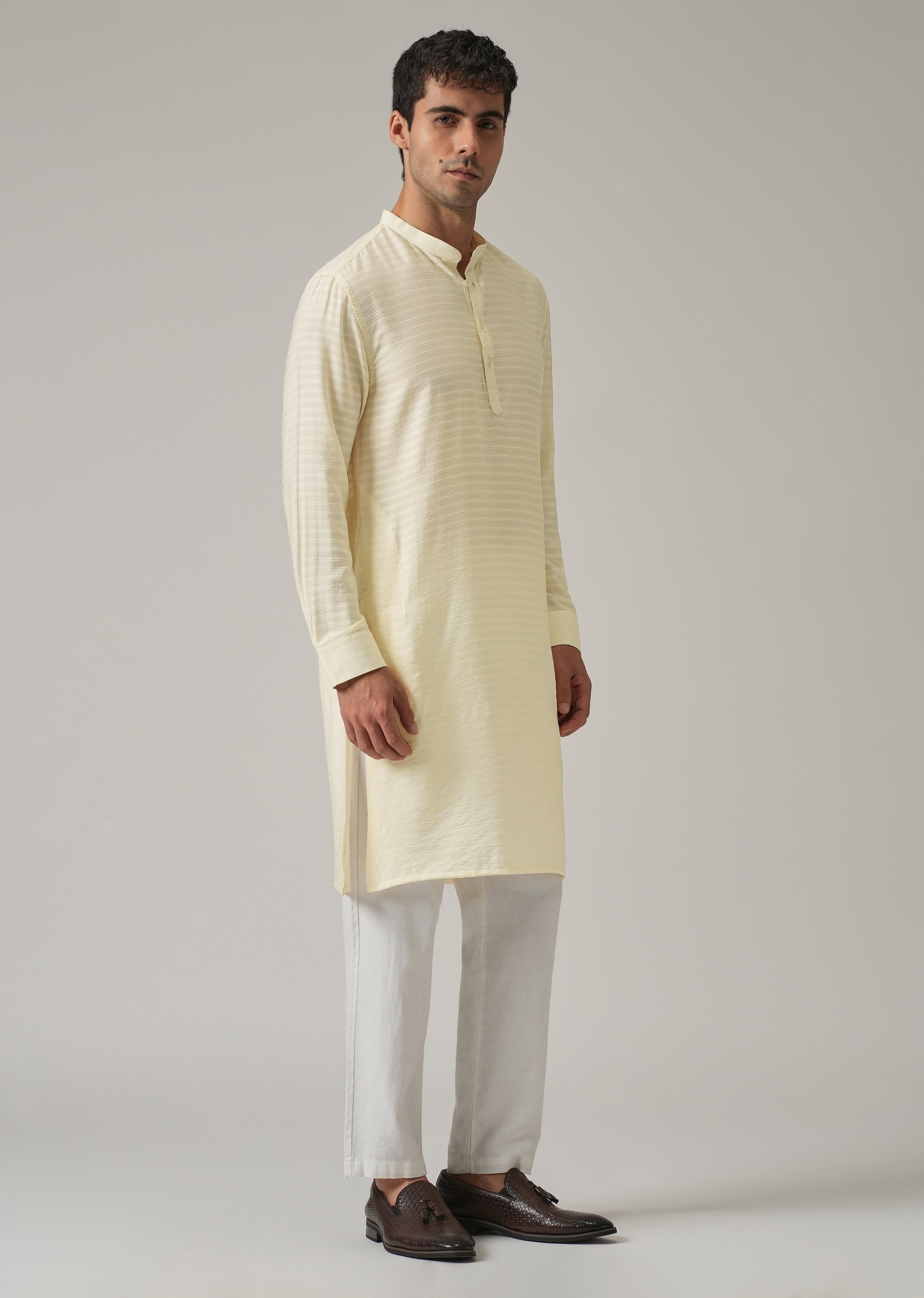 Cream Nylon Self Stripe Kurta