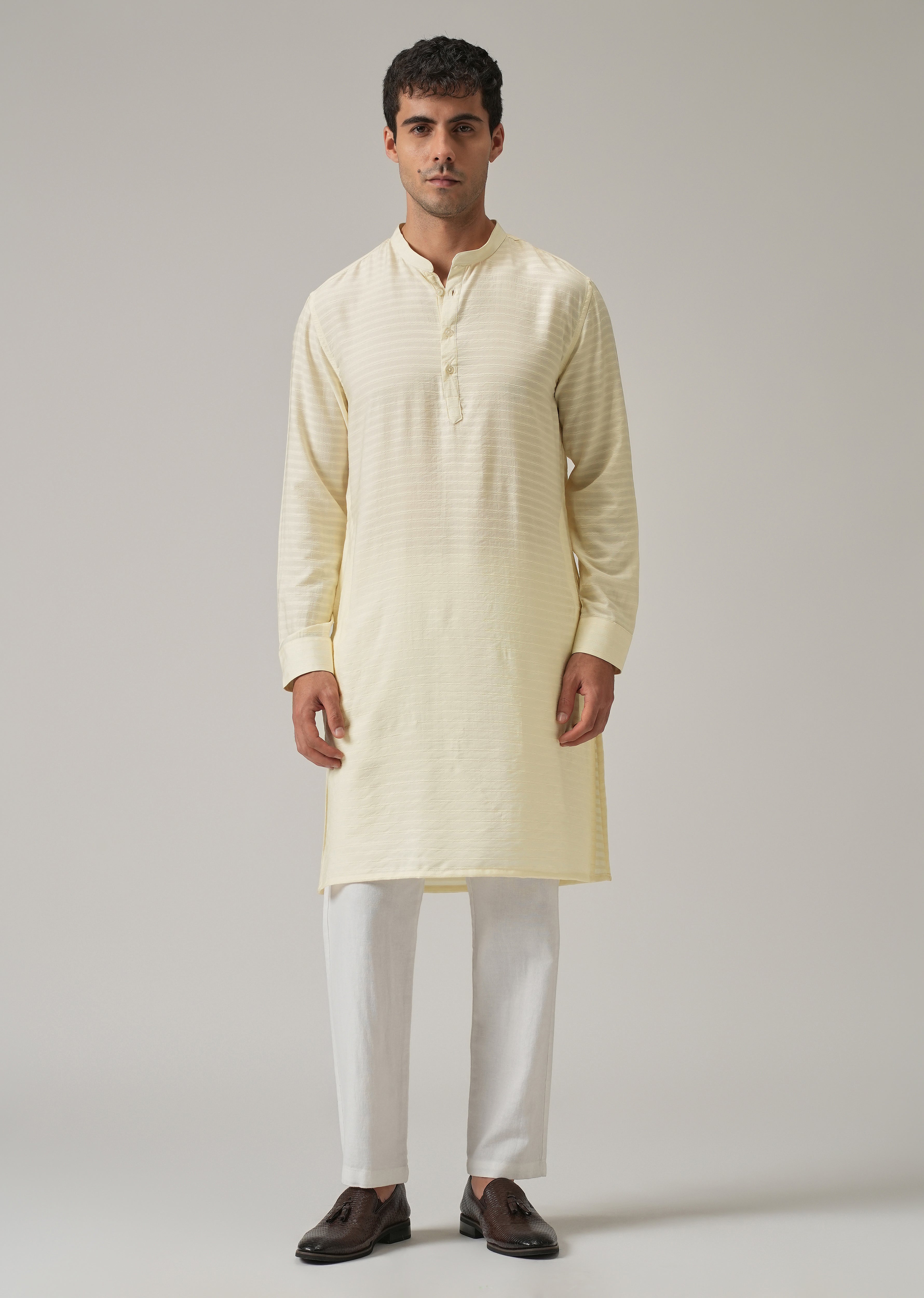 Cream Nylon Self Stripe Kurta