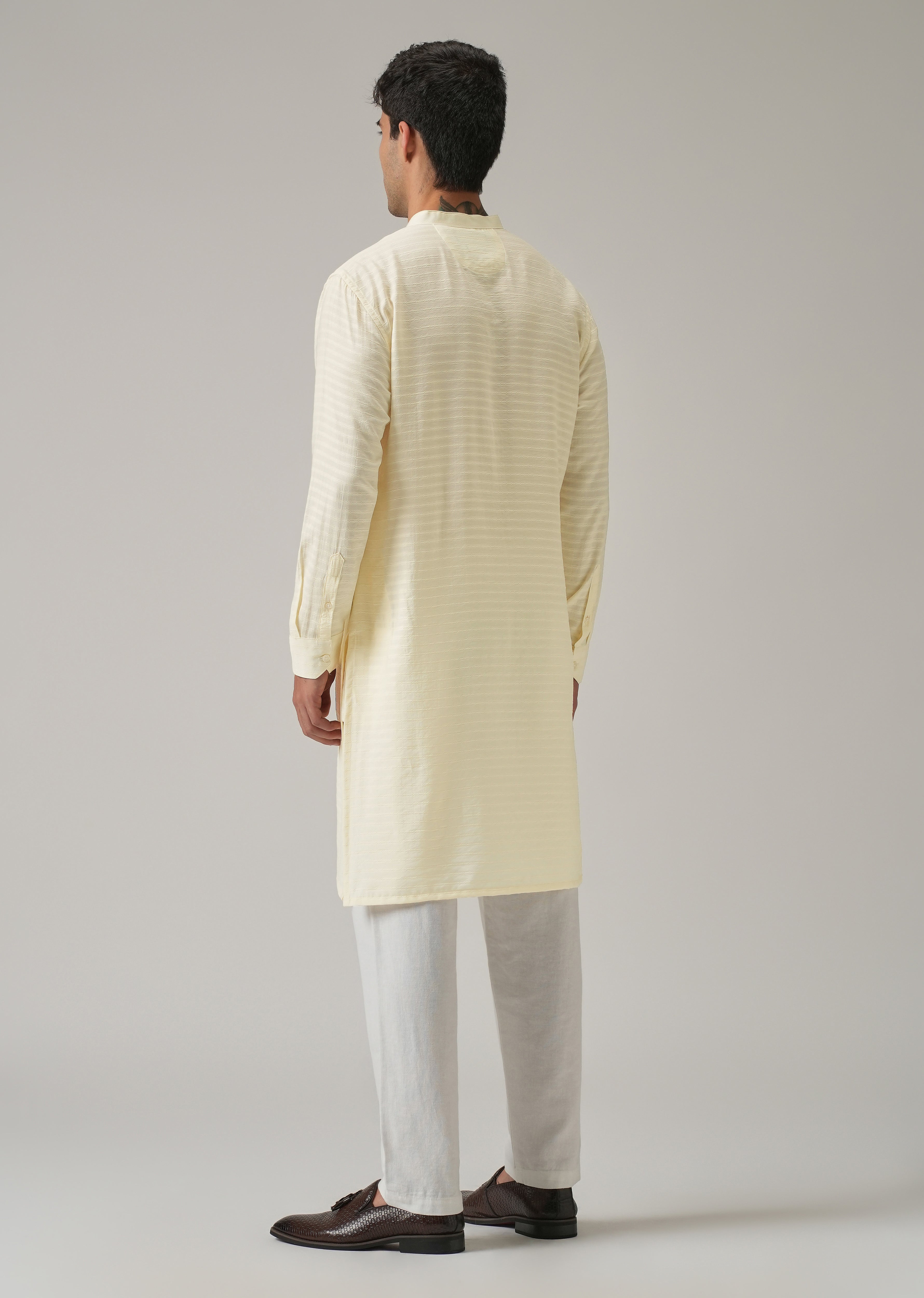 Cream Nylon Self Stripe Kurta