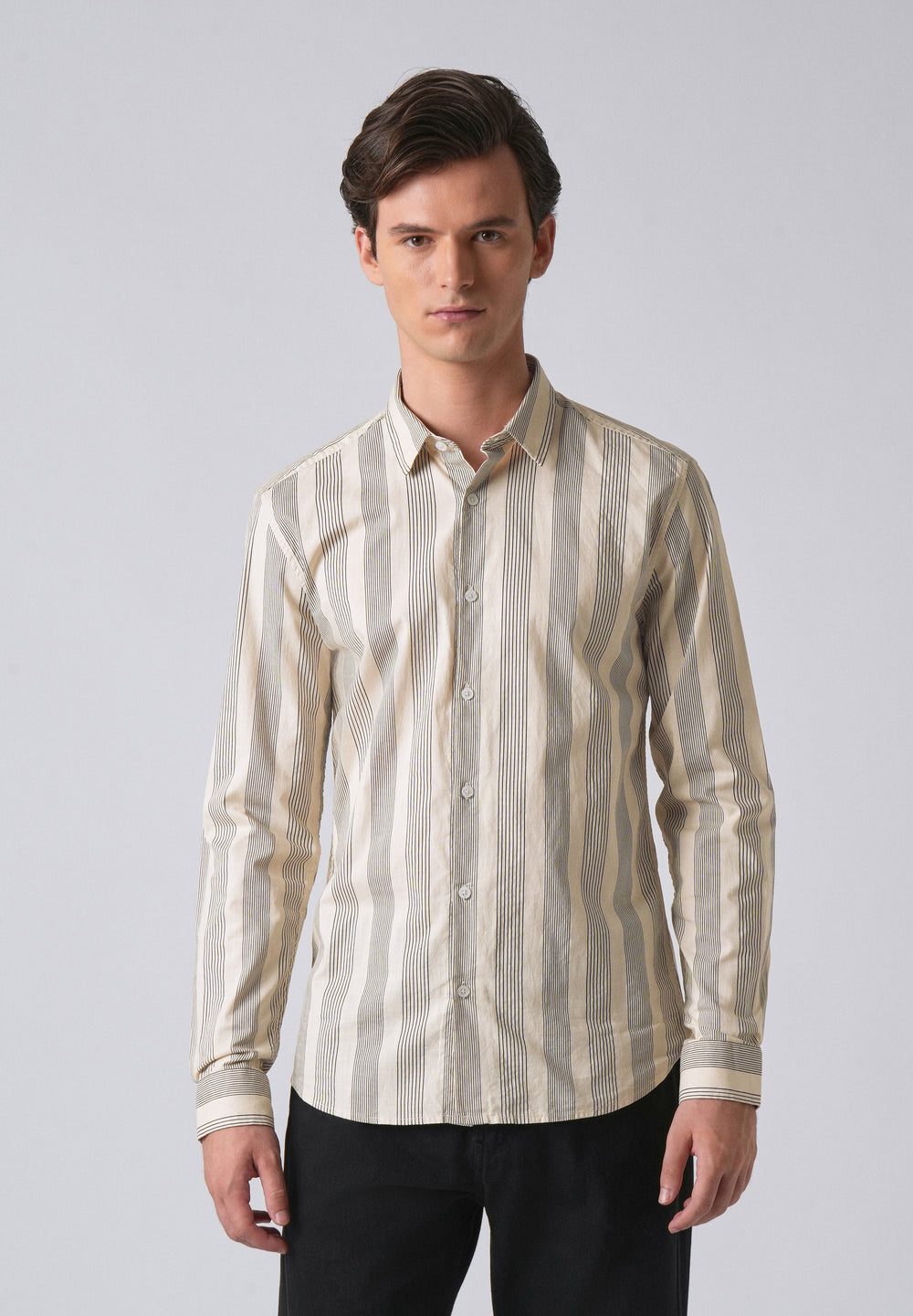 Cream Vertical Pin Stripe Cotton/Linen Shirt