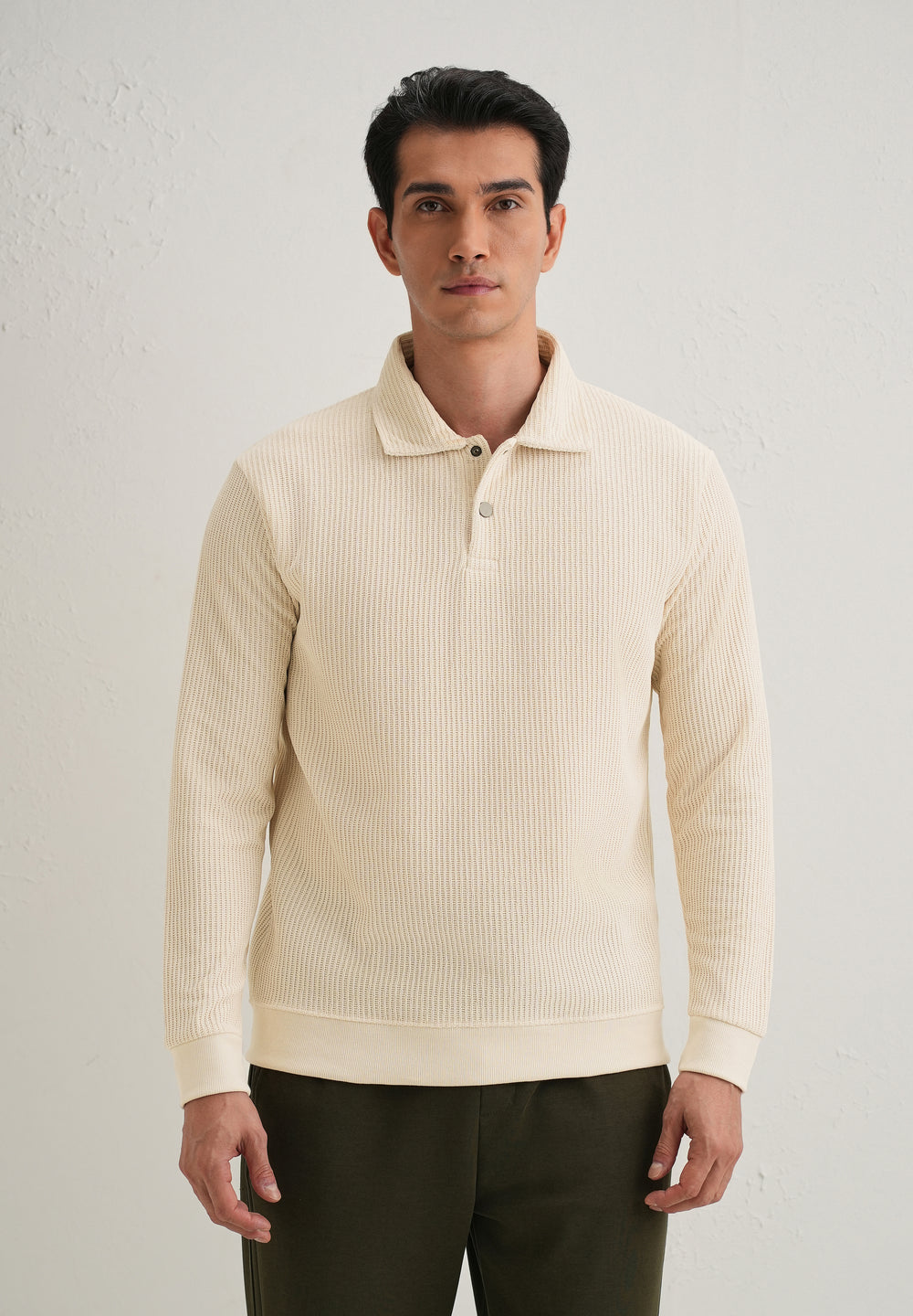 Cream Waffle Knit Polo Sweatshirt