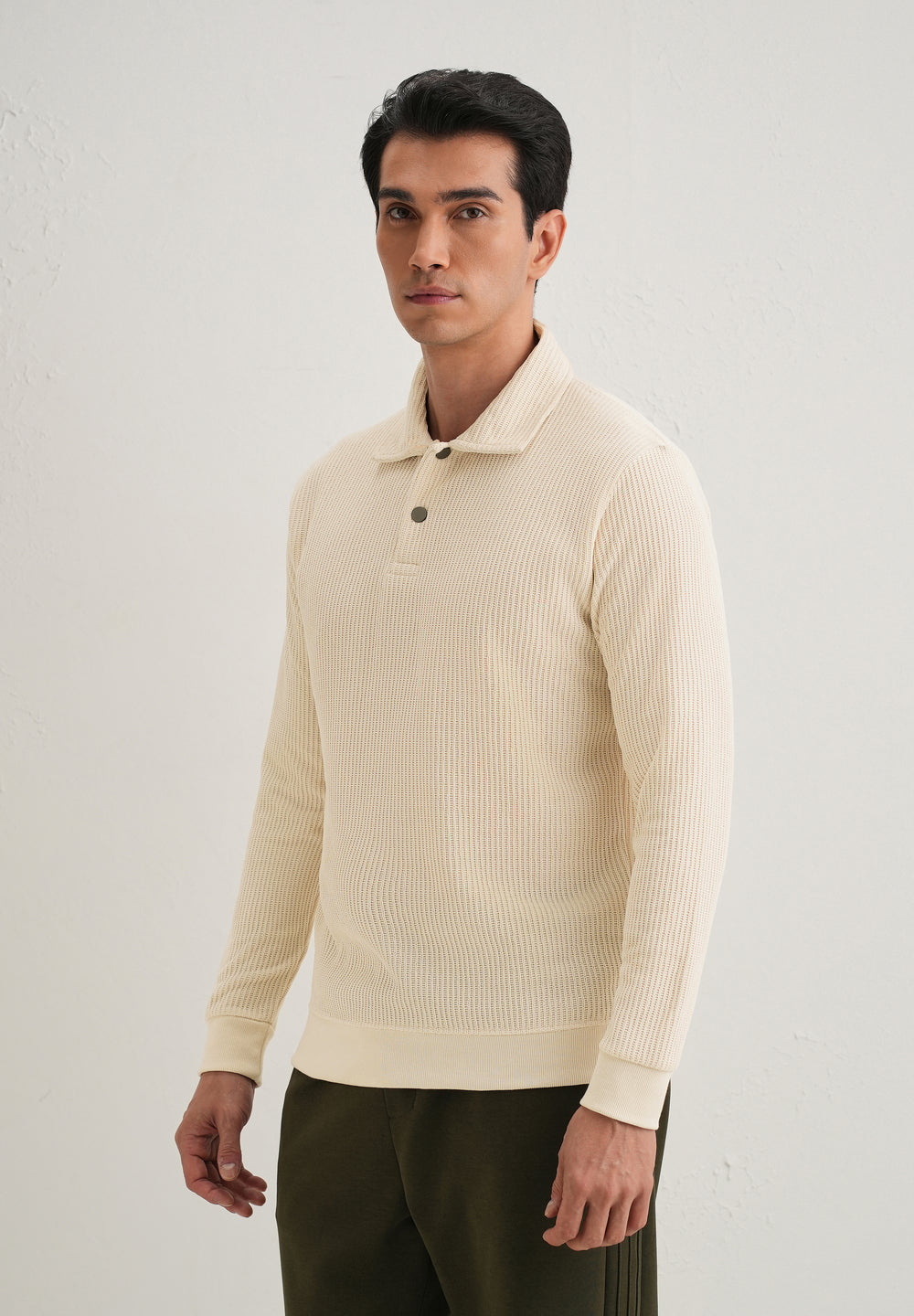 Cream Waffle Knit Polo Sweatshirt