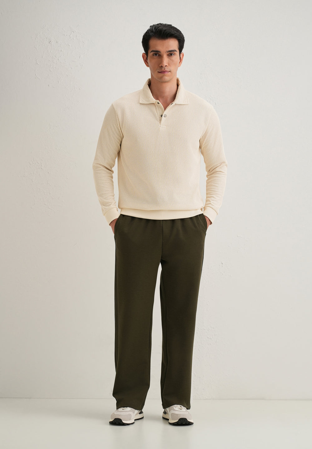 Cream Waffle Knit Polo Sweatshirt