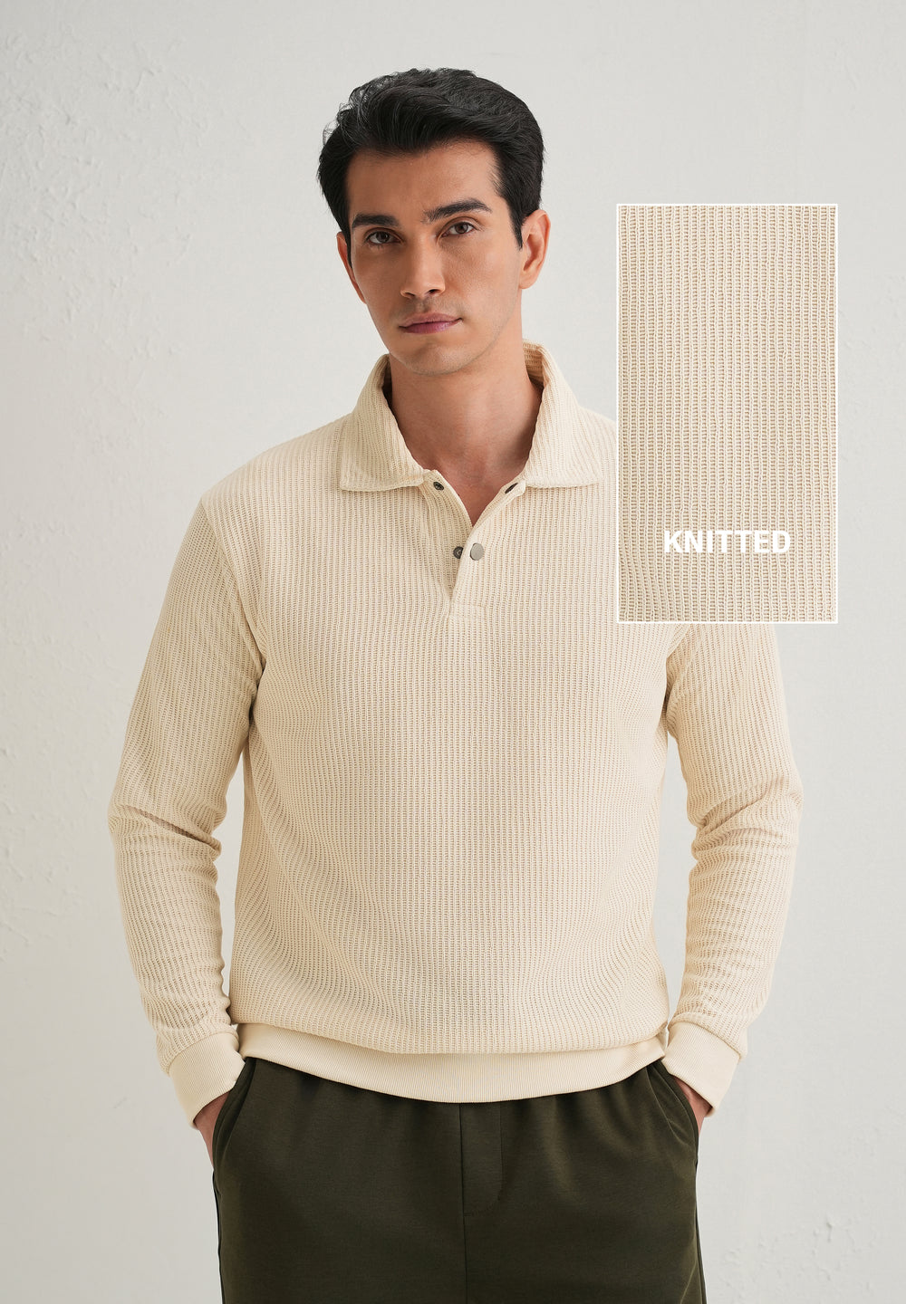 Cream Waffle Knit Polo Sweatshirt