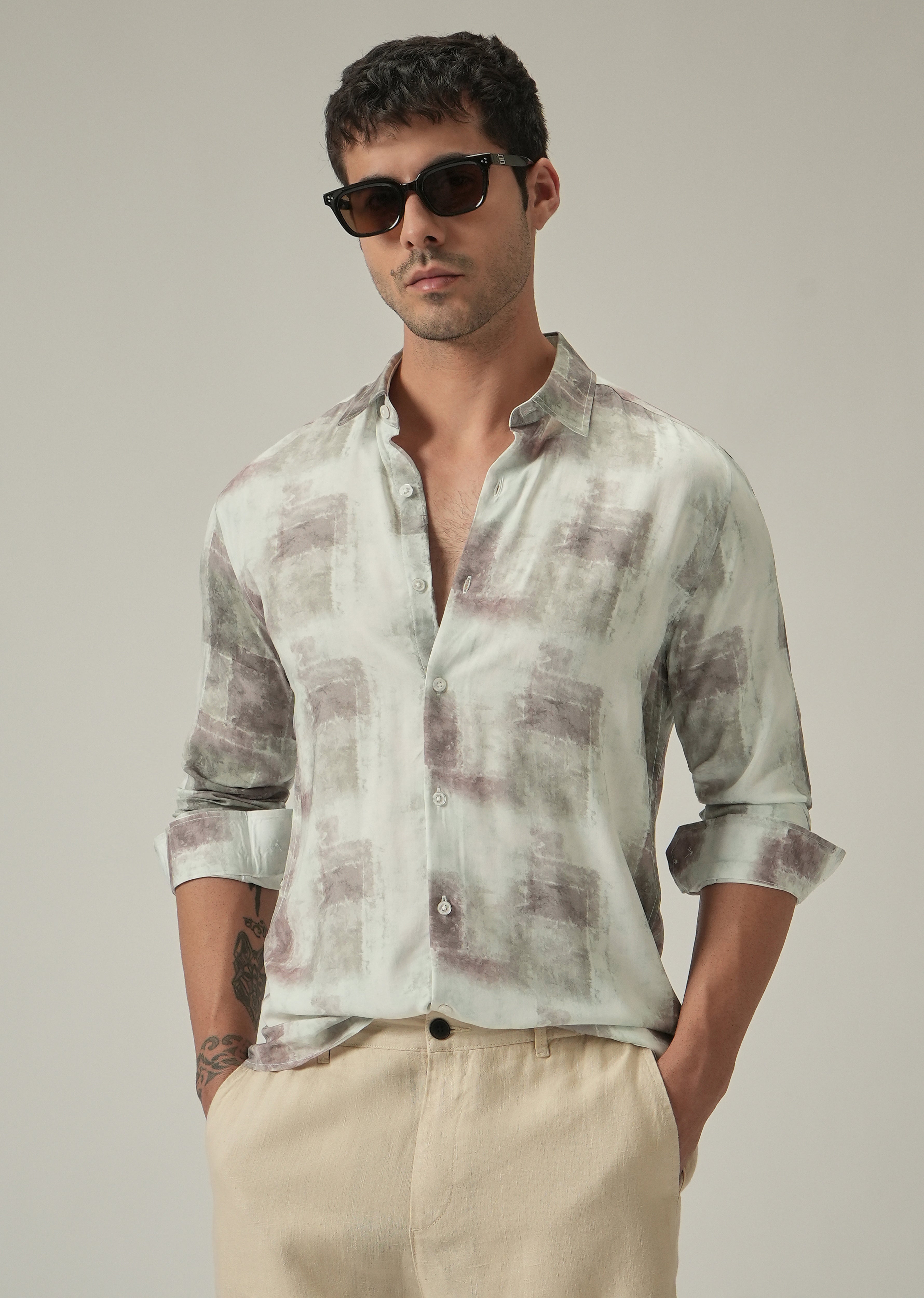 Cream Washed Print Shirt