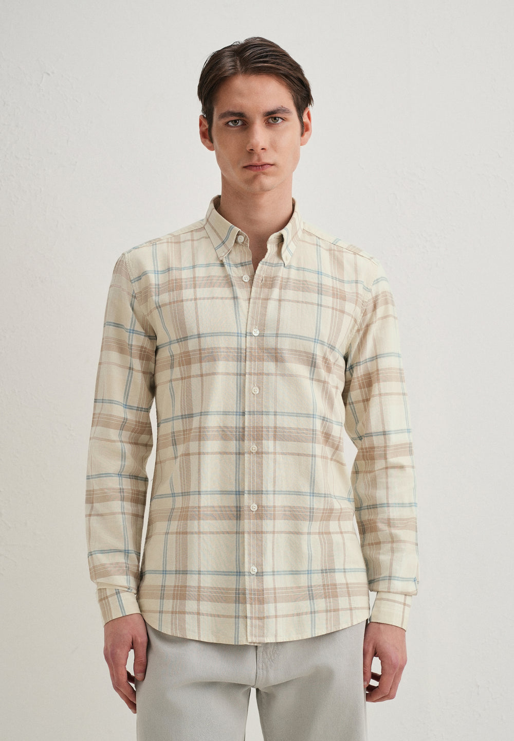 Cream Windowpane Plaid Check Shirt