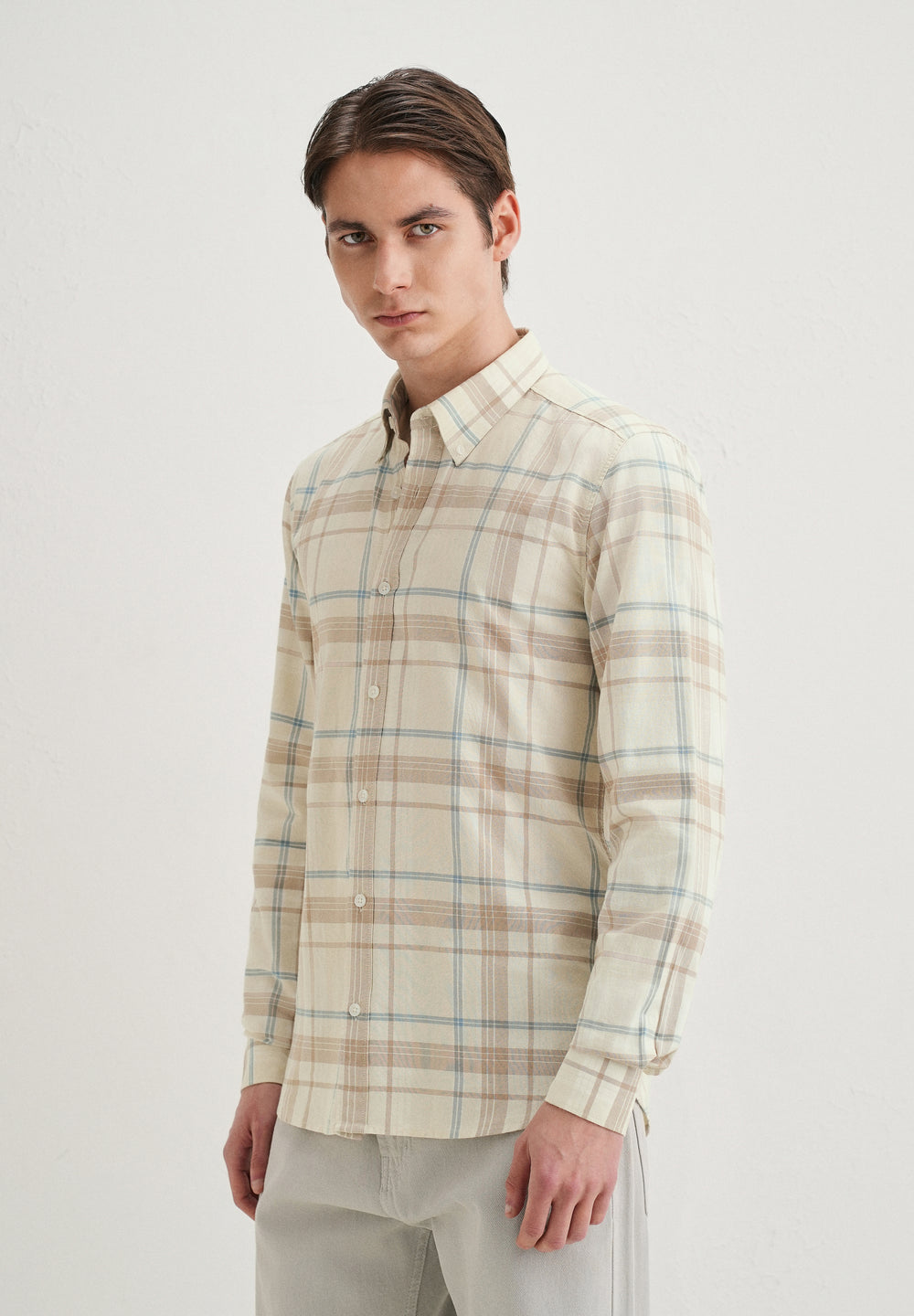 Cream Windowpane Plaid Check Shirt