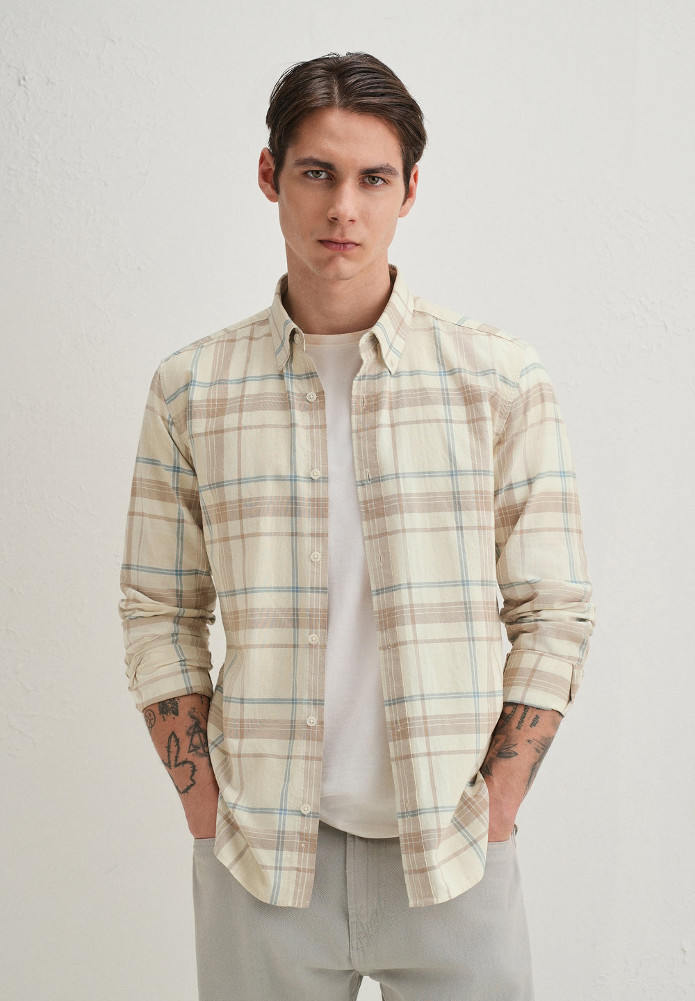 Cream Windowpane Plaid Check Shirt