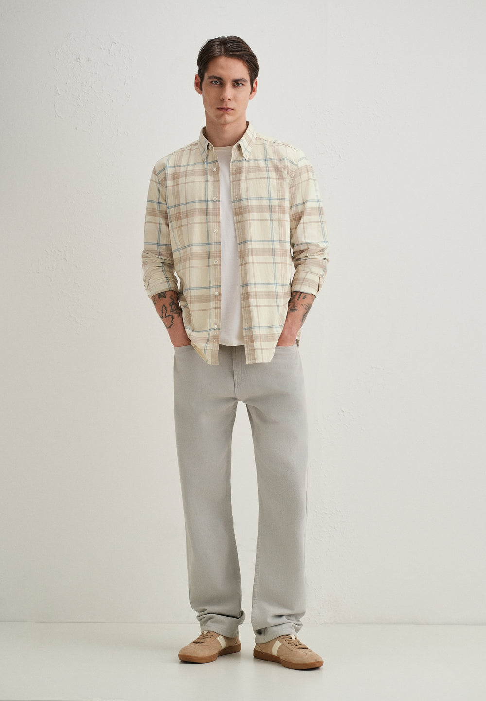Cream Windowpane Plaid Check Shirt