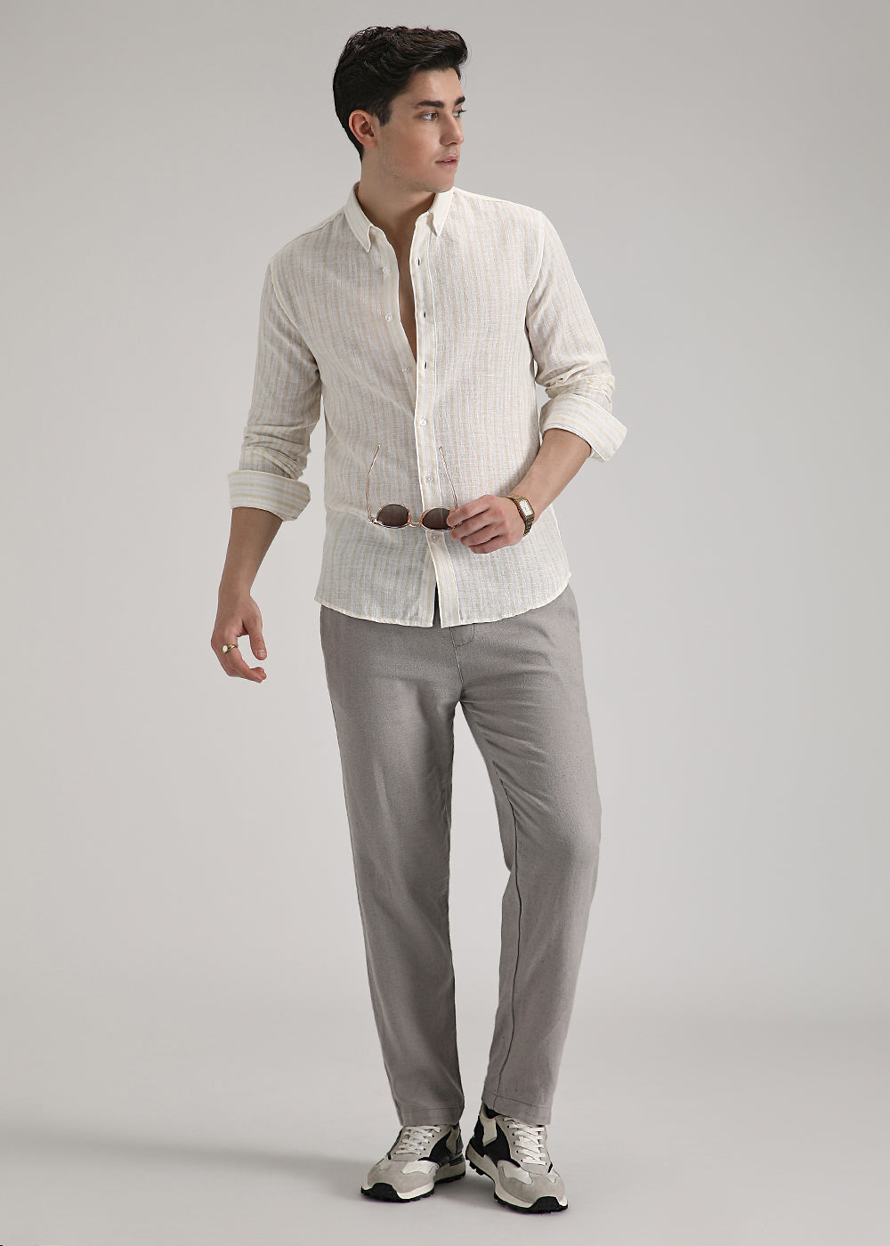 Cream Yellow Linen Stripe Shirt