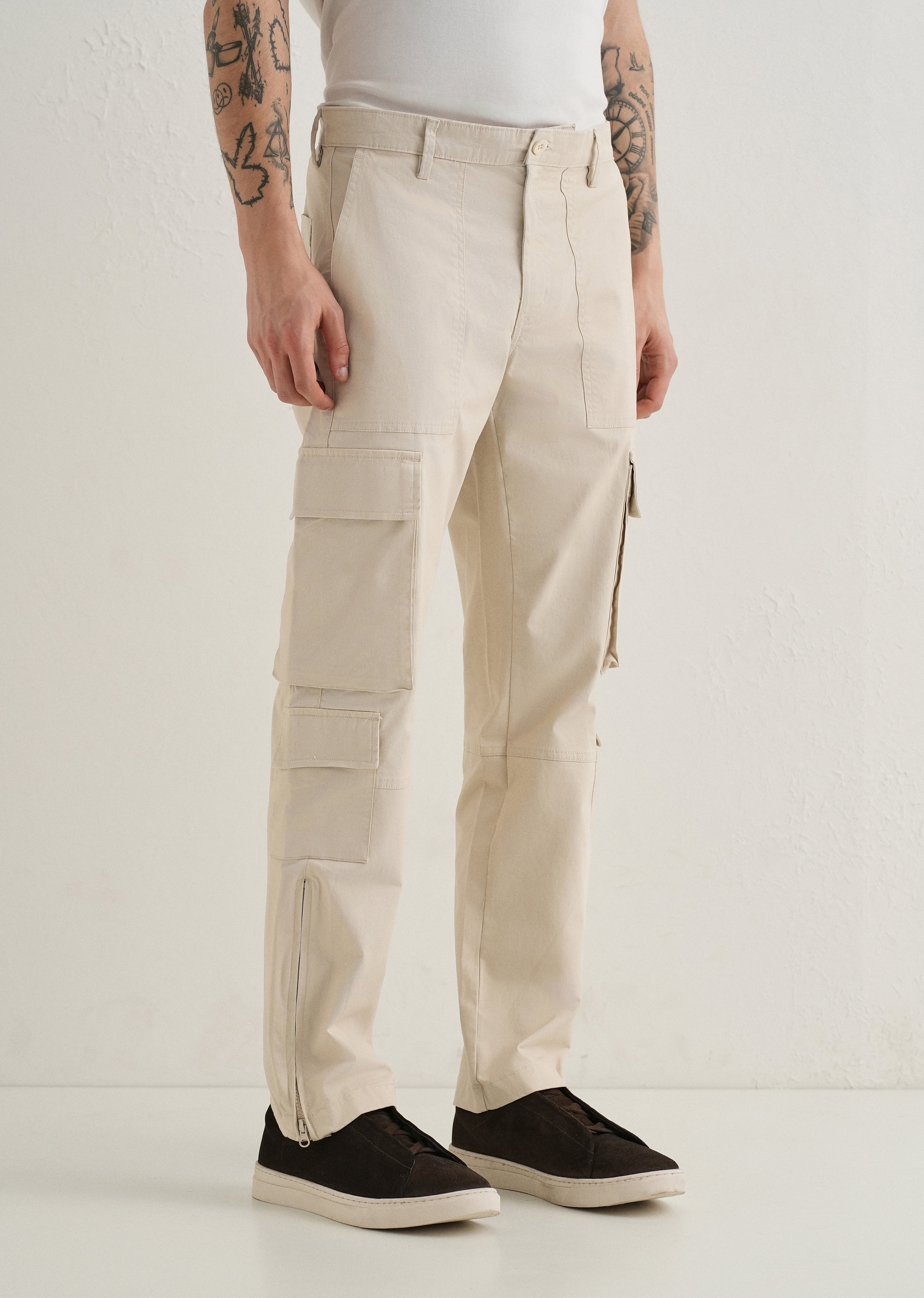 Cream Zipper Cargo Pant