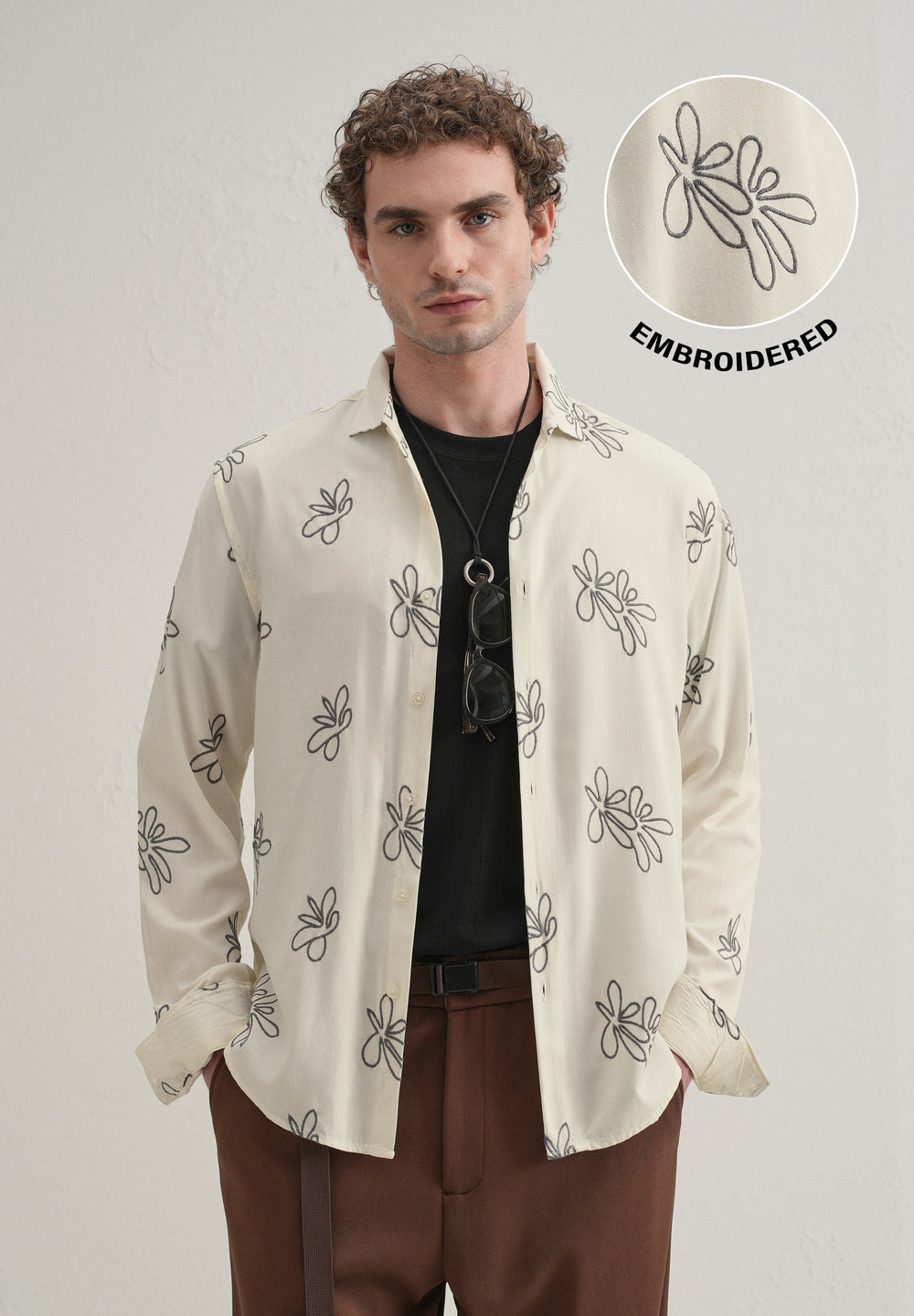 Cream Abstract Floral Embroidery Shirt