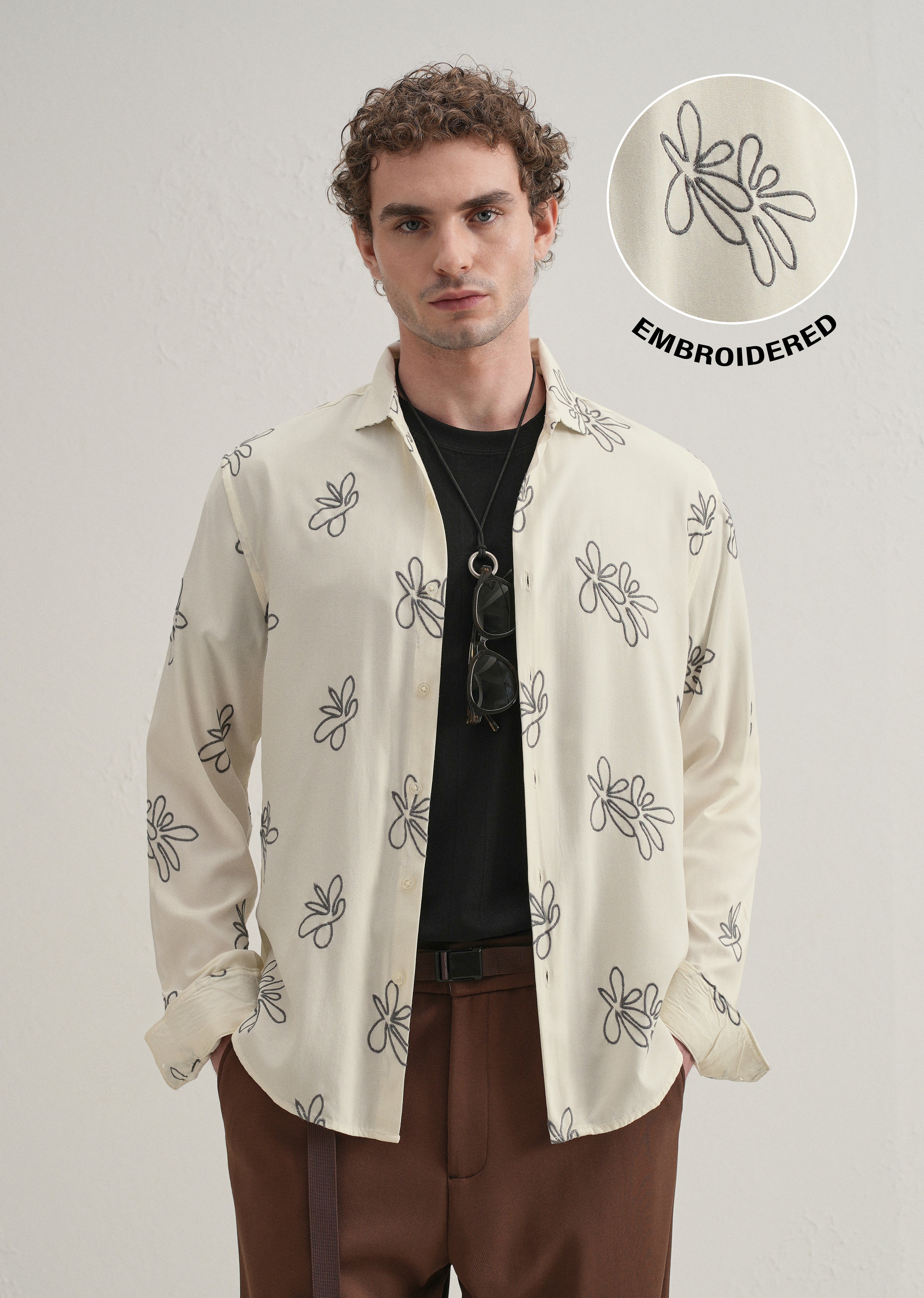 Cream Abstract Floral Embroidery Shirt