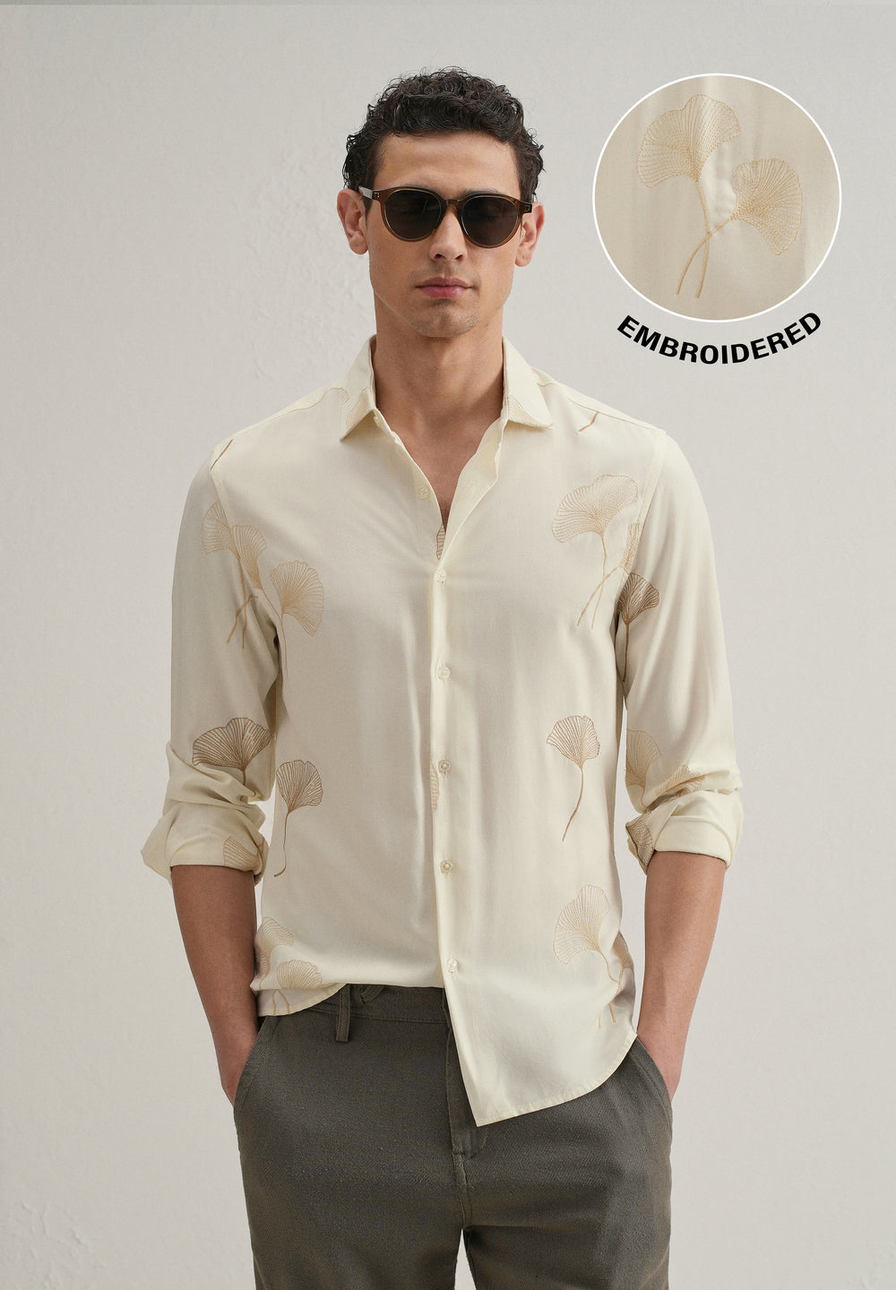 Cream Abstract Leaf Embroidery Shirt