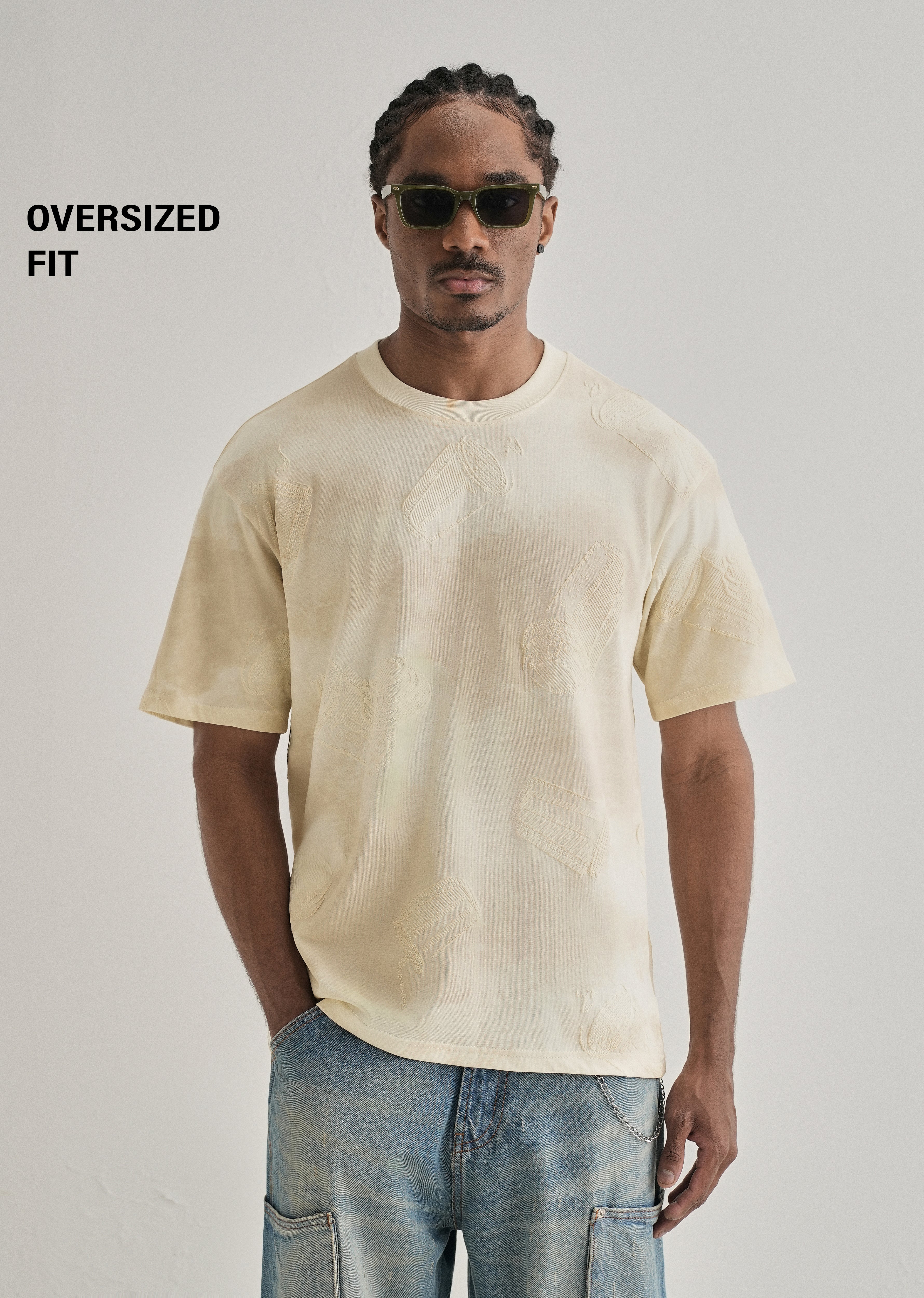 Cream Beige Printed Oversized T-shirt