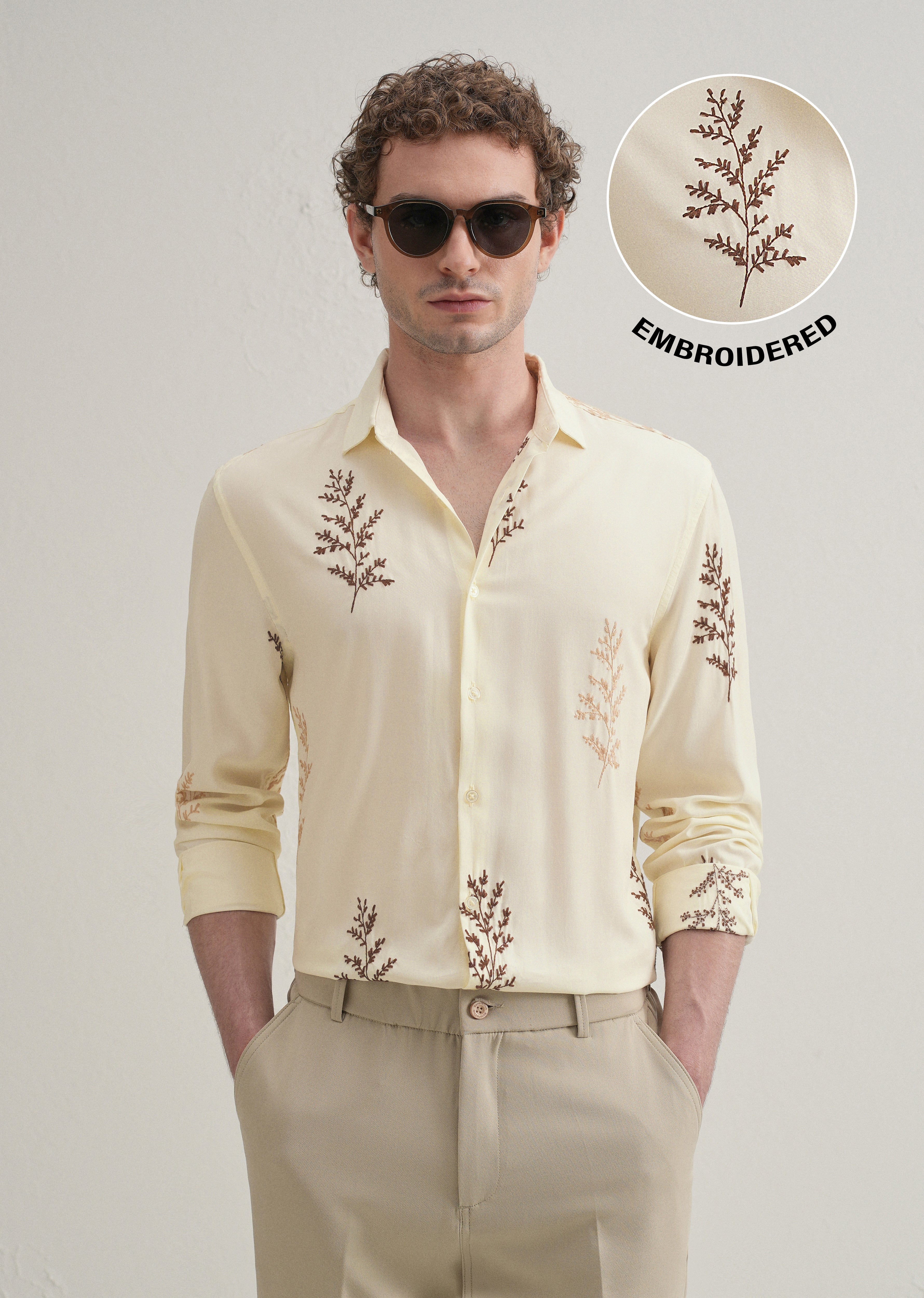 Cream Botanical Embroidery Shirt