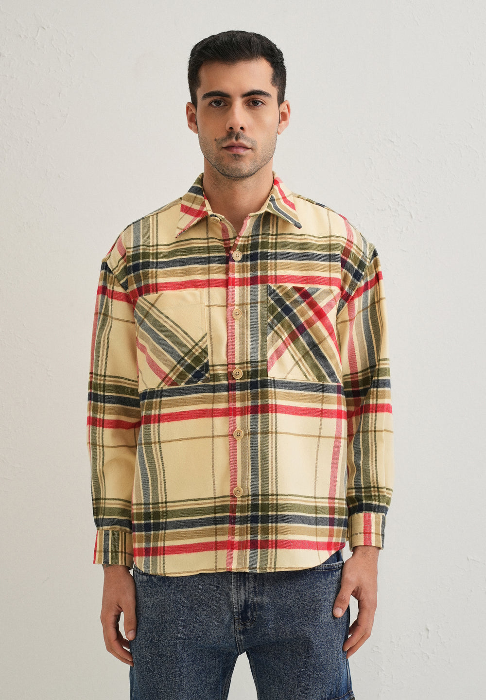 Cream Checked Relaxed Fit Shacket