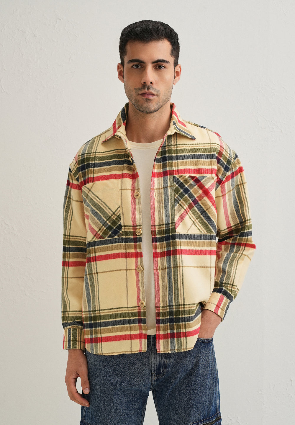 Cream Checked Relaxed Fit Shacket