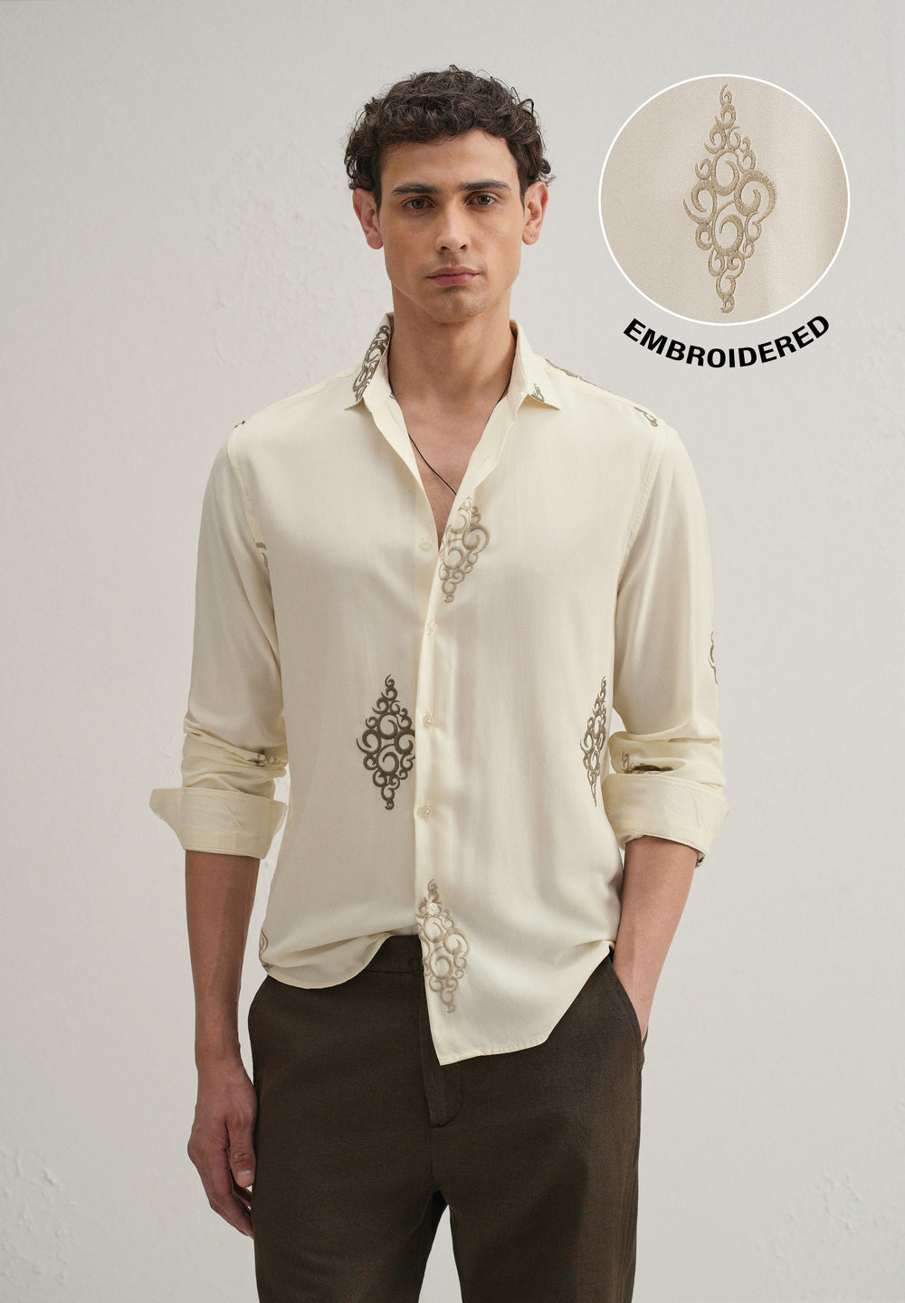 Cream Circular Motif Embroidery Shirt