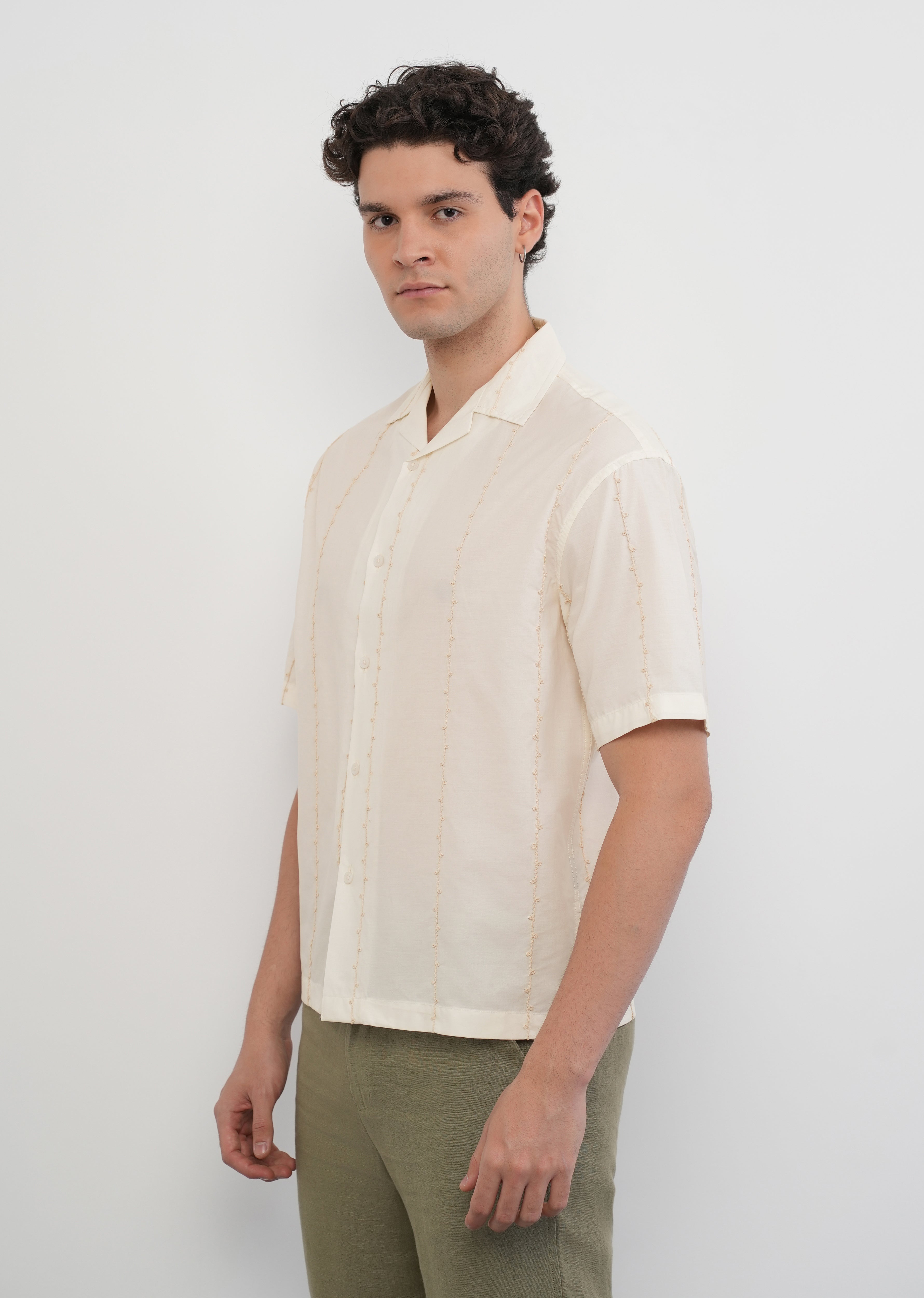Cream Cotton Embroidery Shirt