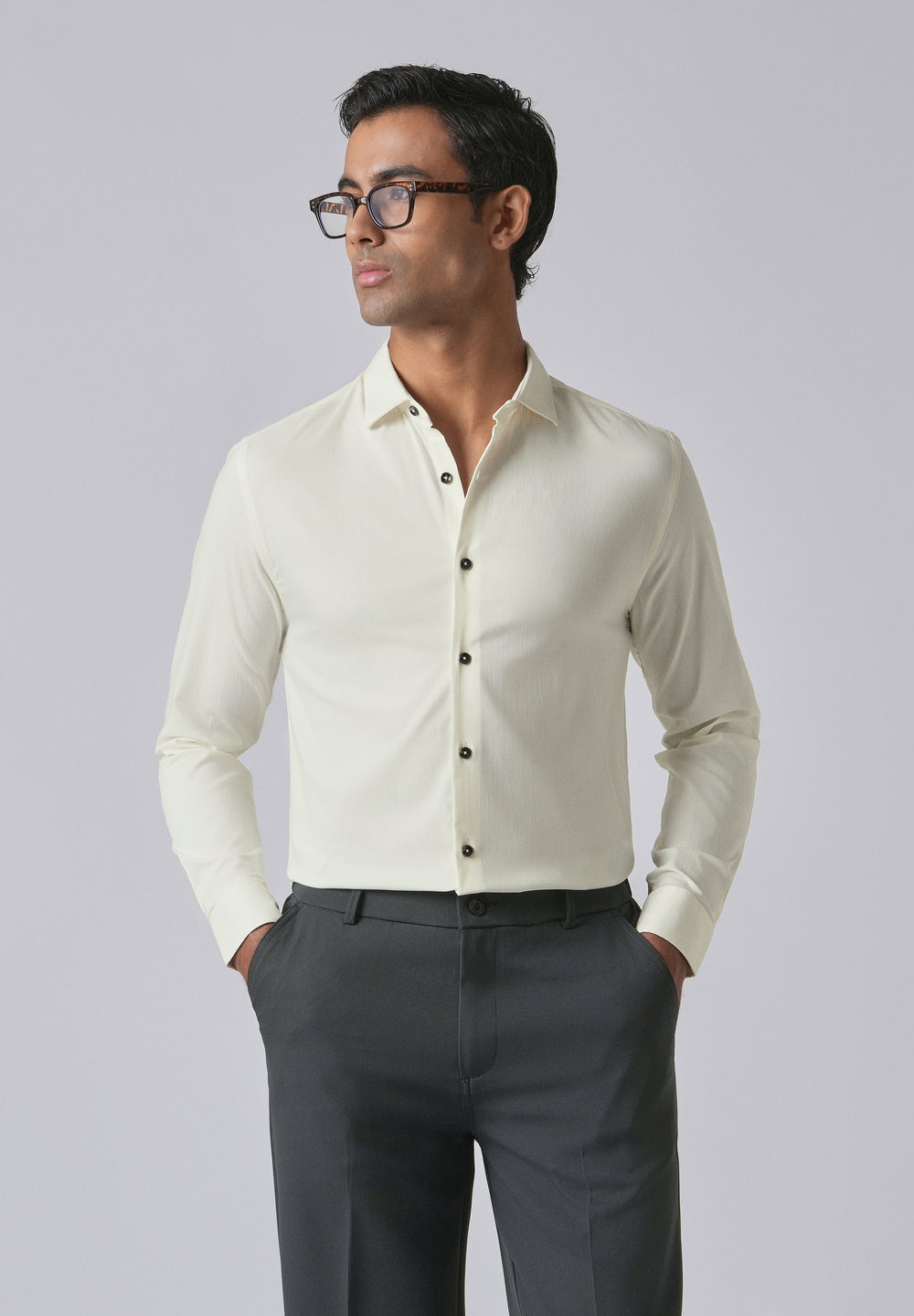 Cream Cotton Stretch Plain Shirt