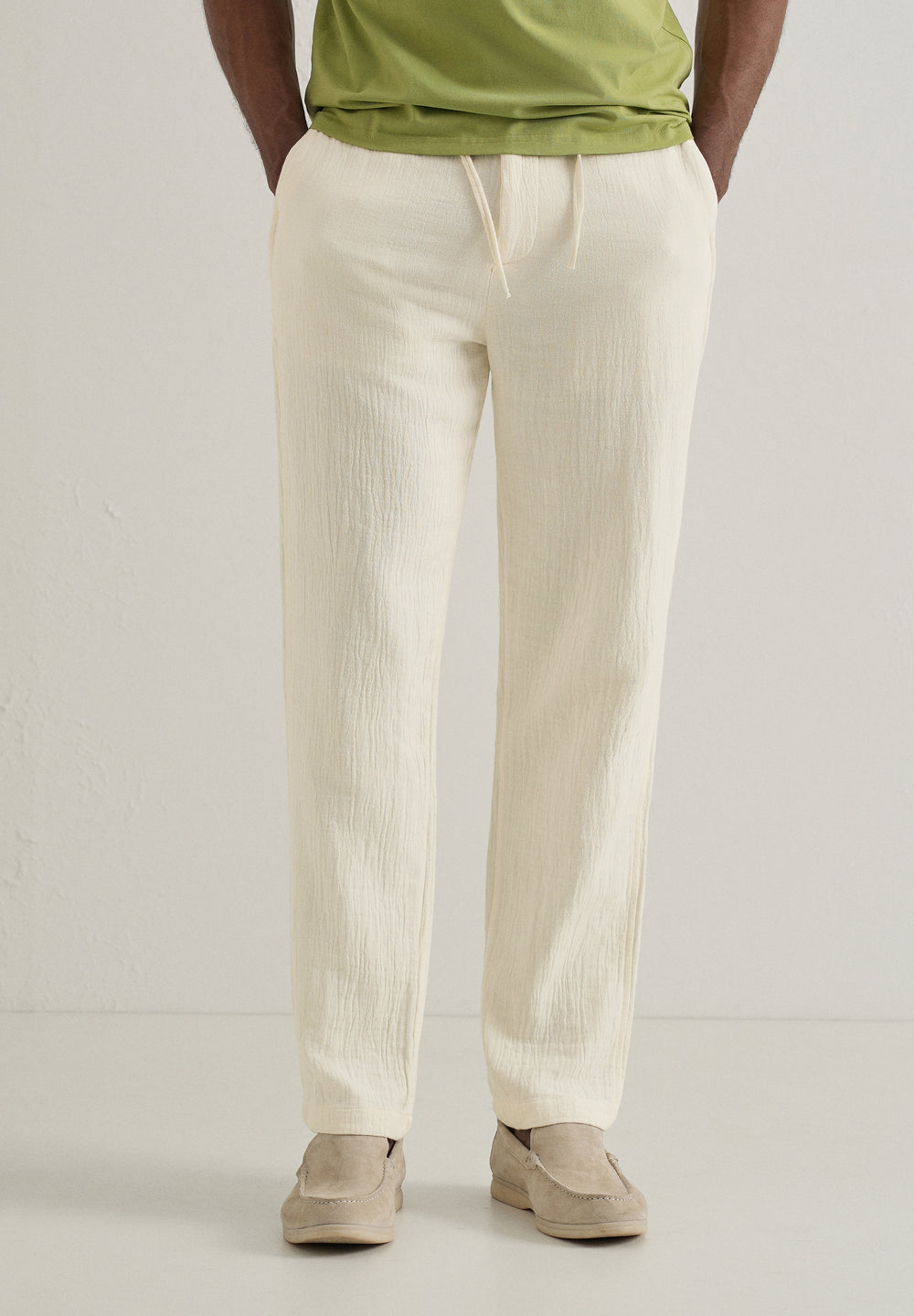 Cream Crinkled Cotton Trouser