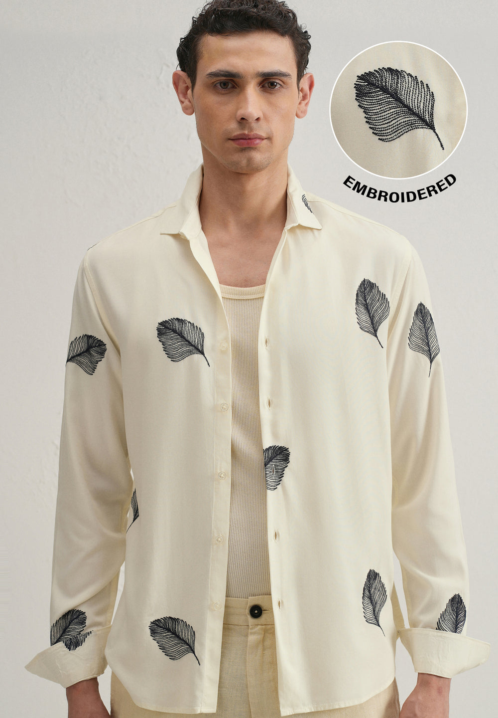 Cream Feather Embroidery Shirt
