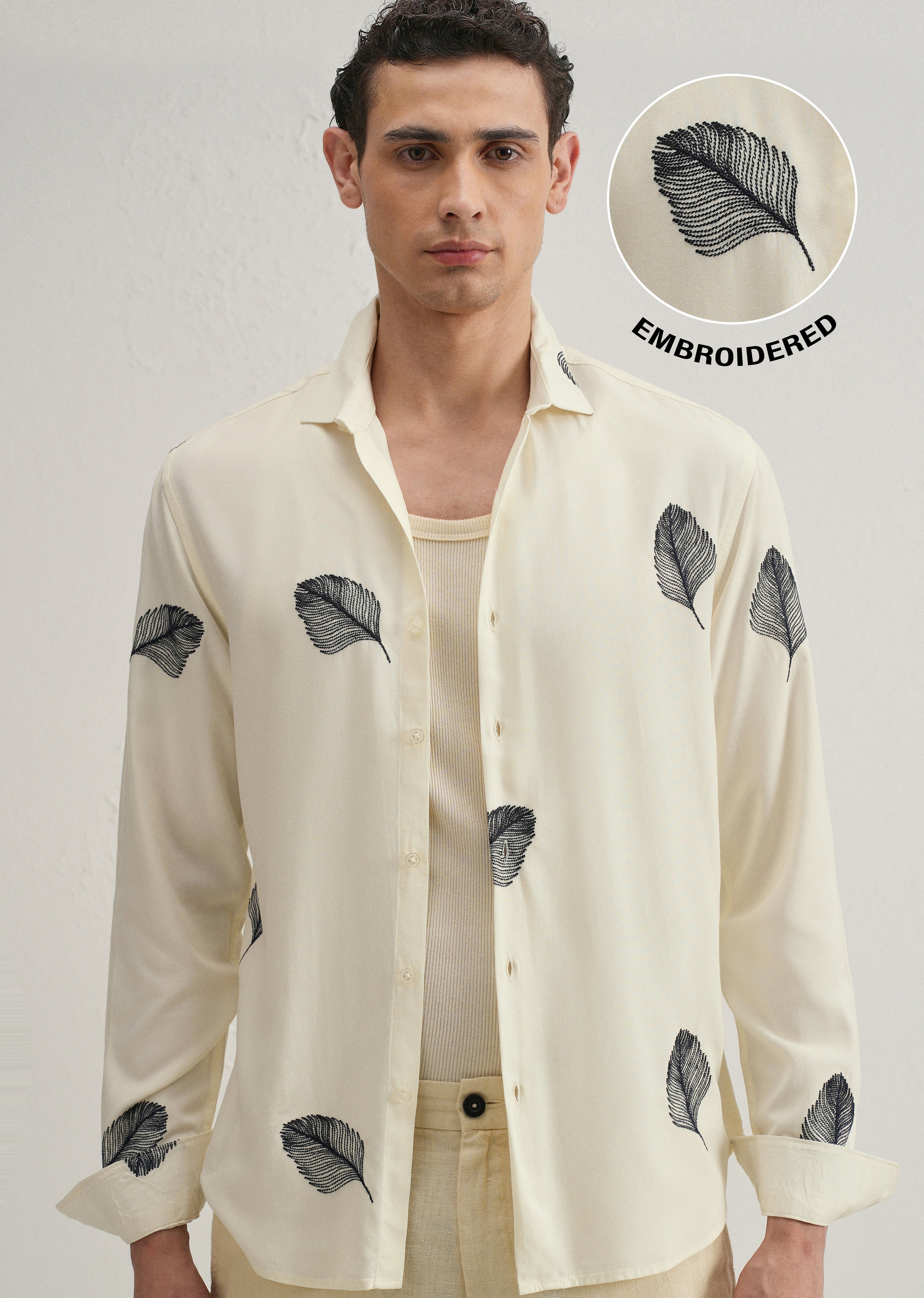 Cream Feather Embroidery Shirt
