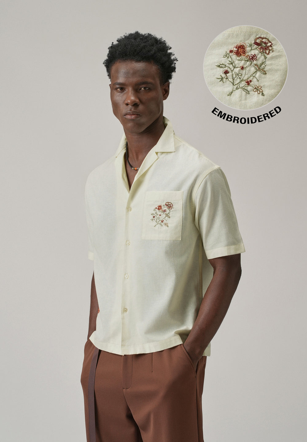 Cream Floral Embroidery Linen Shirt