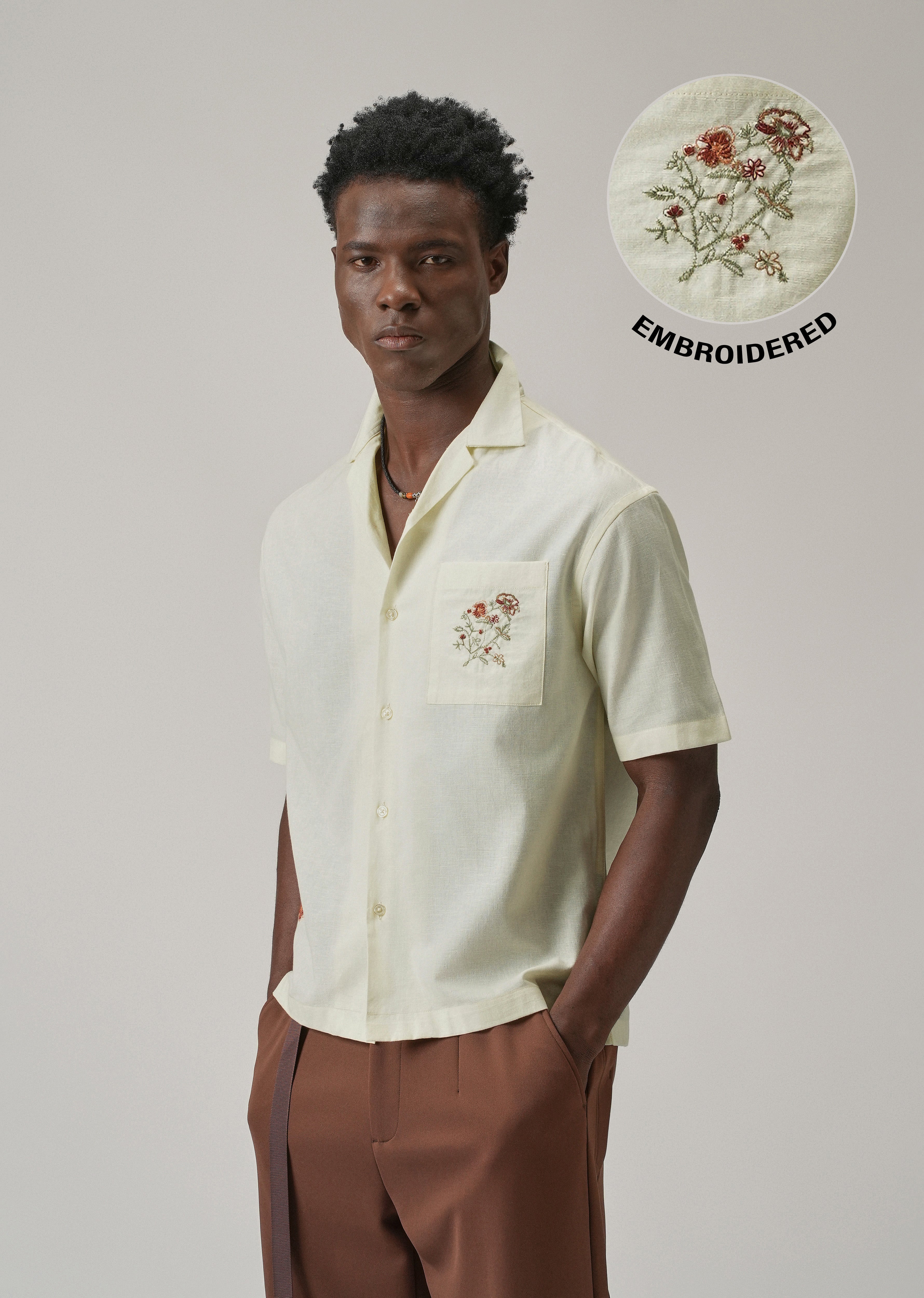 Cream Floral Embroidery Linen Shirt