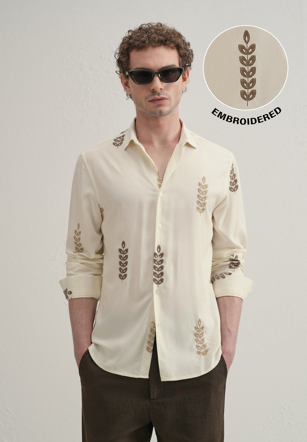 Cream Leaf Embroidery Shirt