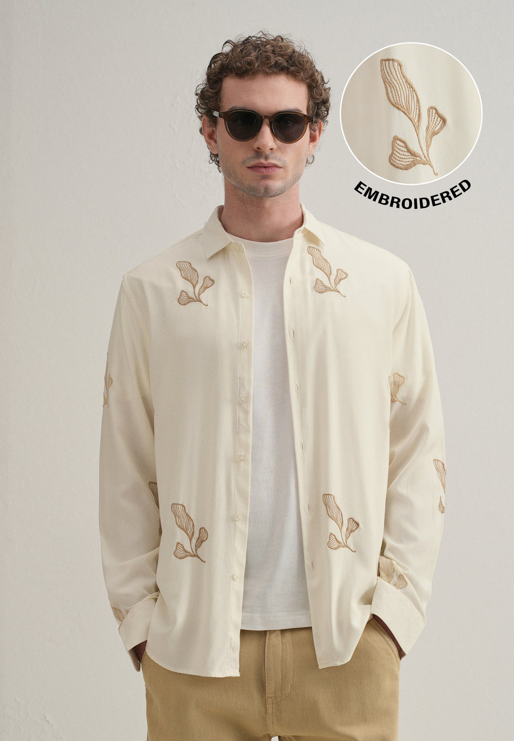 Cream Leaf Motif Embroidery Shirt