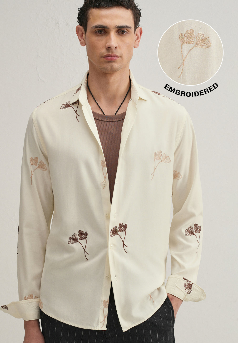 Cream Floral Motif Embroidery Shirt