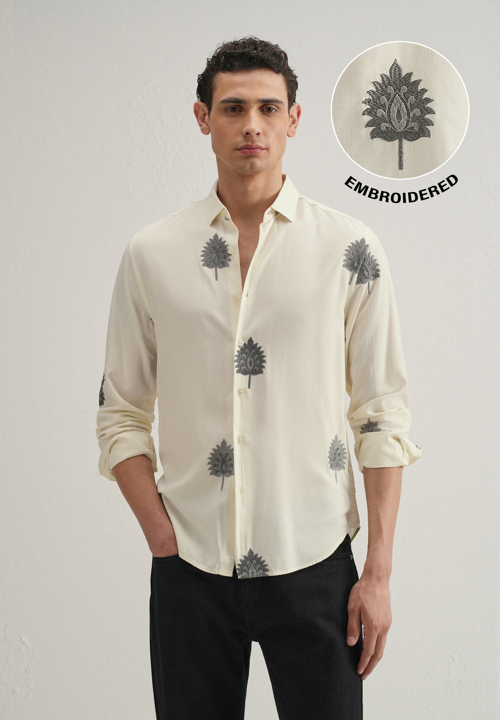 Cream Ethnic Motif Embroidery Shirt
