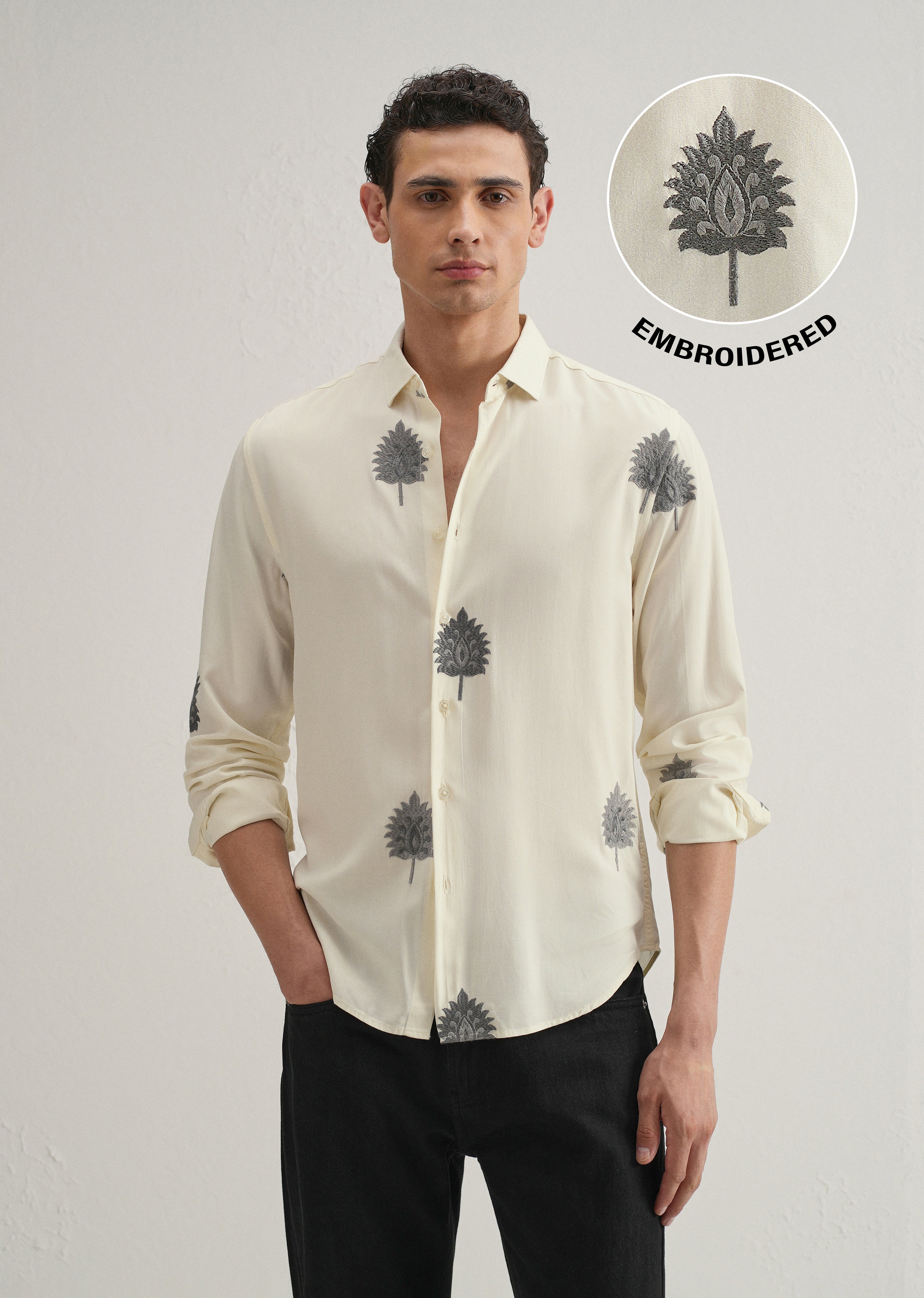 Cream Ethnic Motif Embroidery Shirt