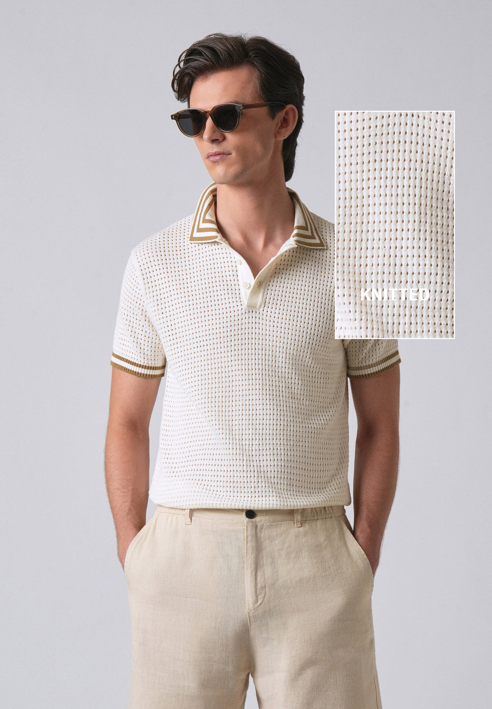 Cream Open Knitted Polo T-shirt