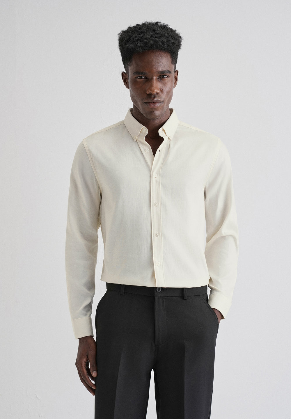 Cream Plain Blended Cotton Regular Fit Shirt