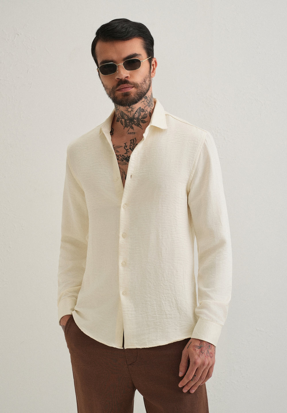 Cream Plain Crushed Satin Shirt