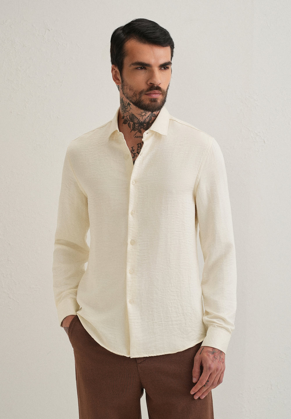 Cream Plain Crushed Satin Shirt