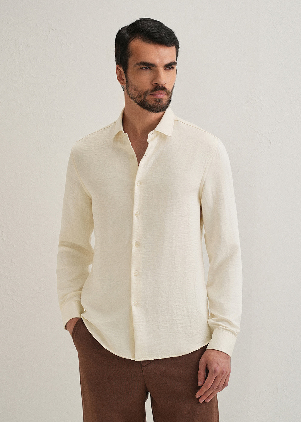 Cream Plain Crushed Satin Shirt