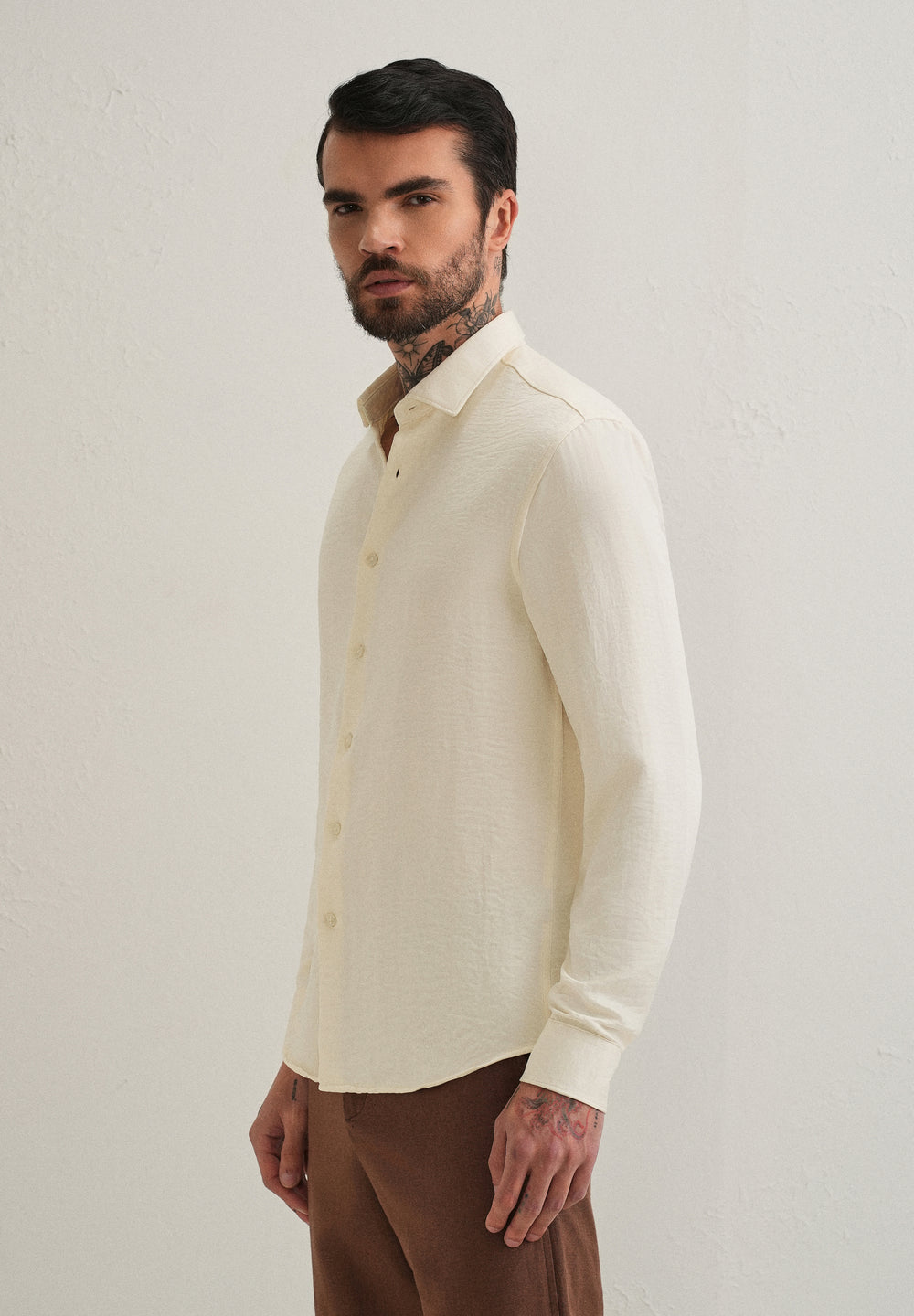 Cream Plain Crushed Satin Shirt
