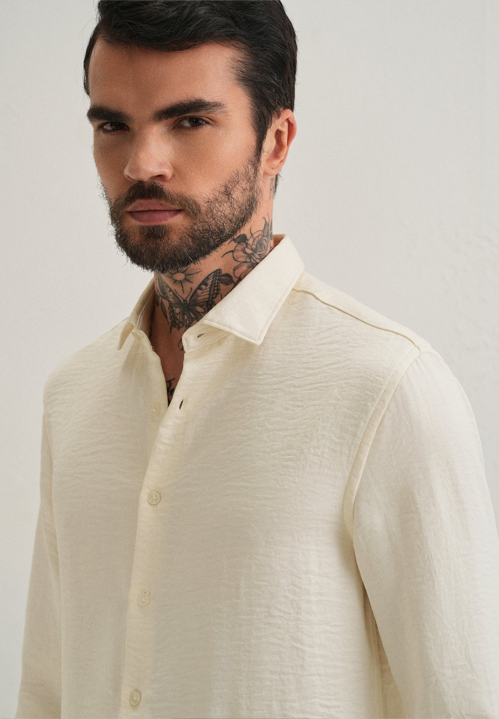 Cream Plain Crushed Satin Shirt