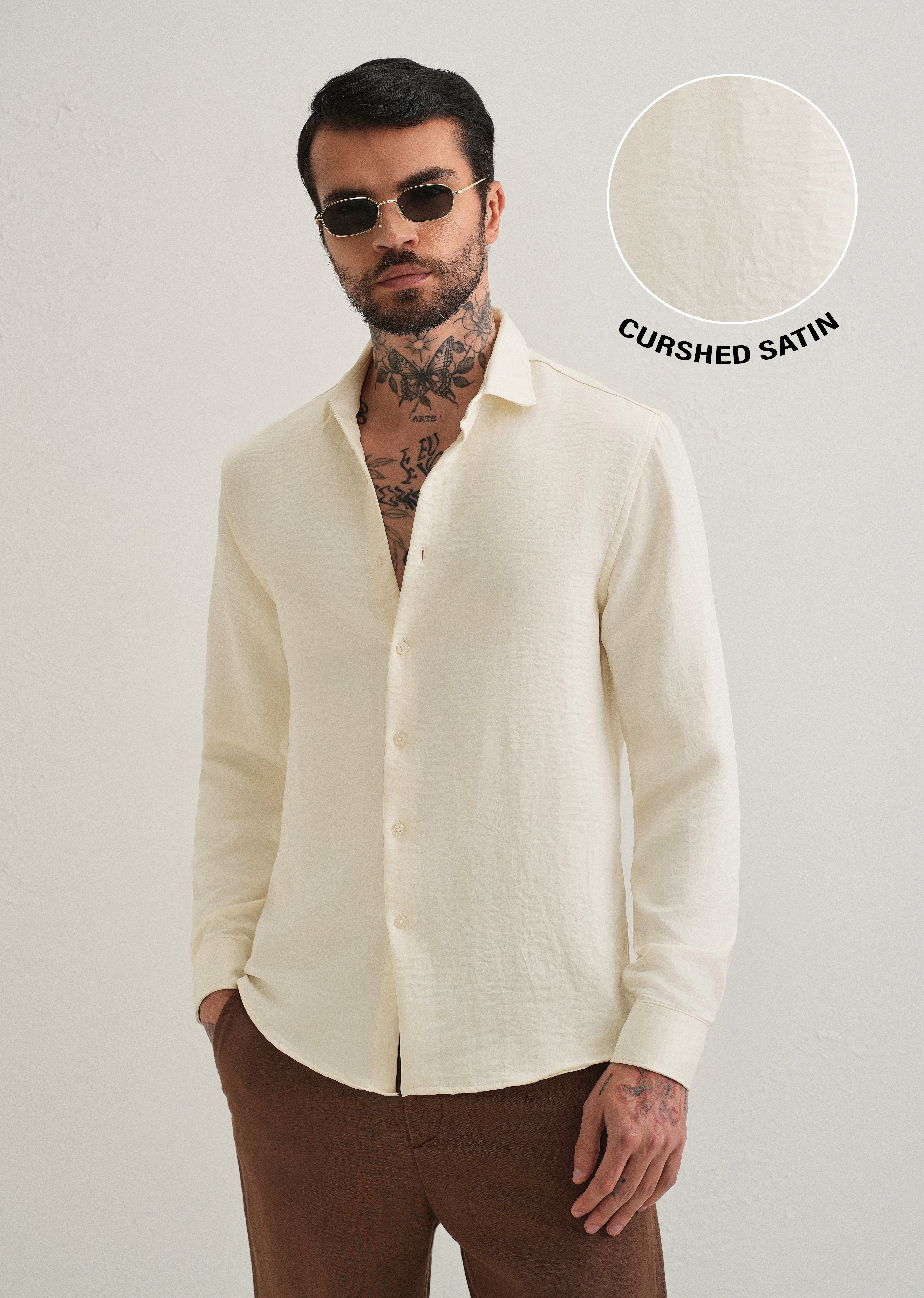 Cream Plain Crushed Satin Shirt