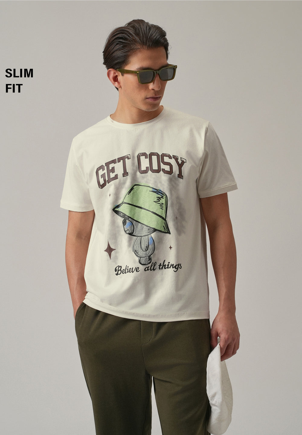 Cream Printed Slim Fit T-Shirt